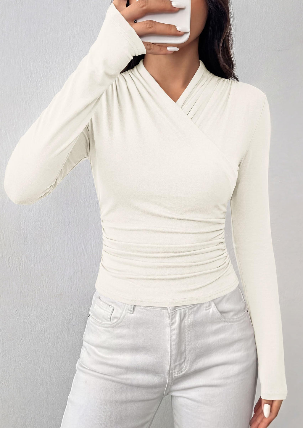 PRETTYGARDEN Womens Long Sleeve Shirts Going Out Wrap Top | Soft Heathered Stretchy Viscose Fitted Blouse, V Neck Ruched Waist Dressy Tops, Office Business Casual Fall Winter Daily Wear