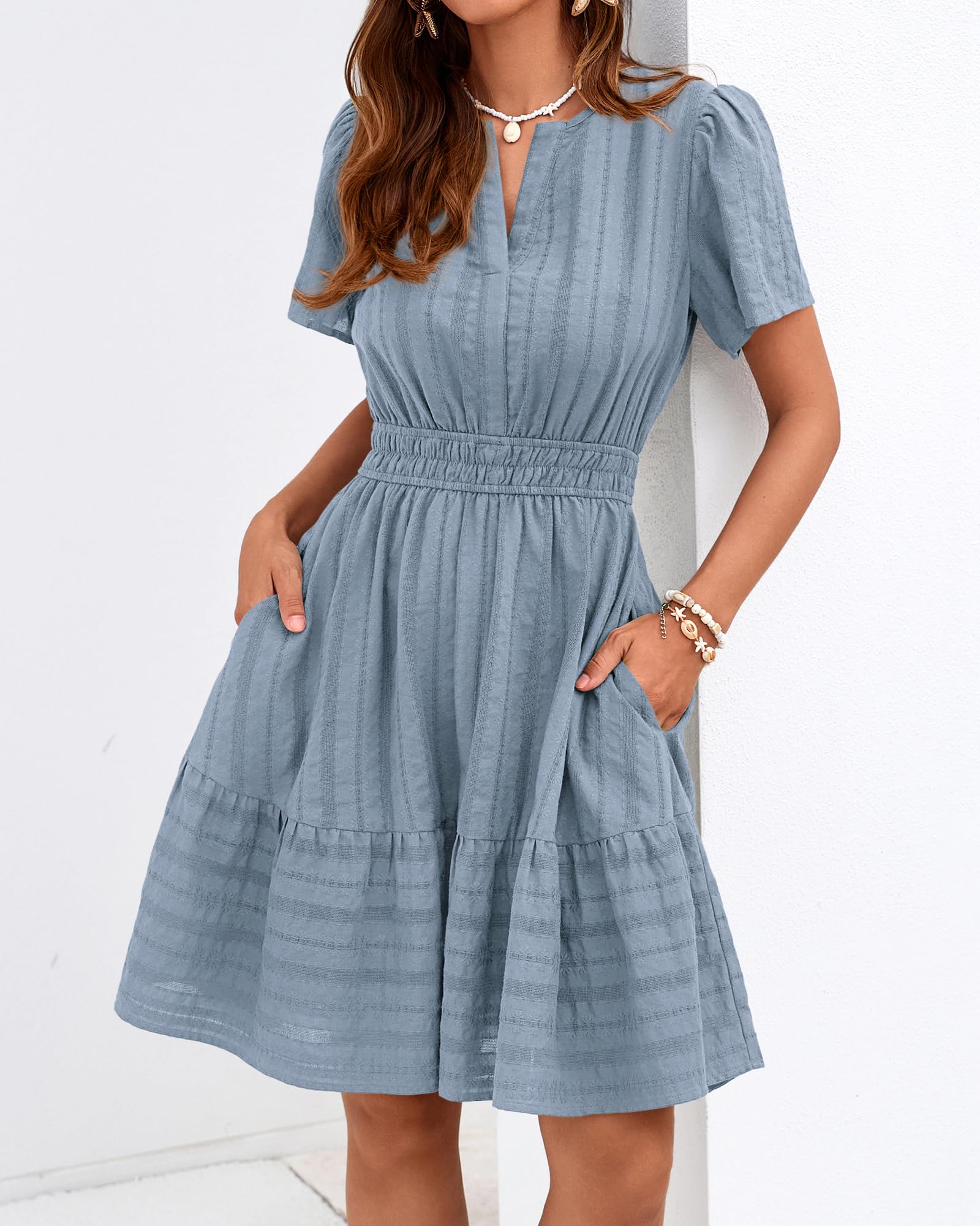 BTFBM Womens Spring  Casual Mini Dresses Lightweight Short Sleeve V Neck Elastic Waist Cute Boho Beach Dress Pockets