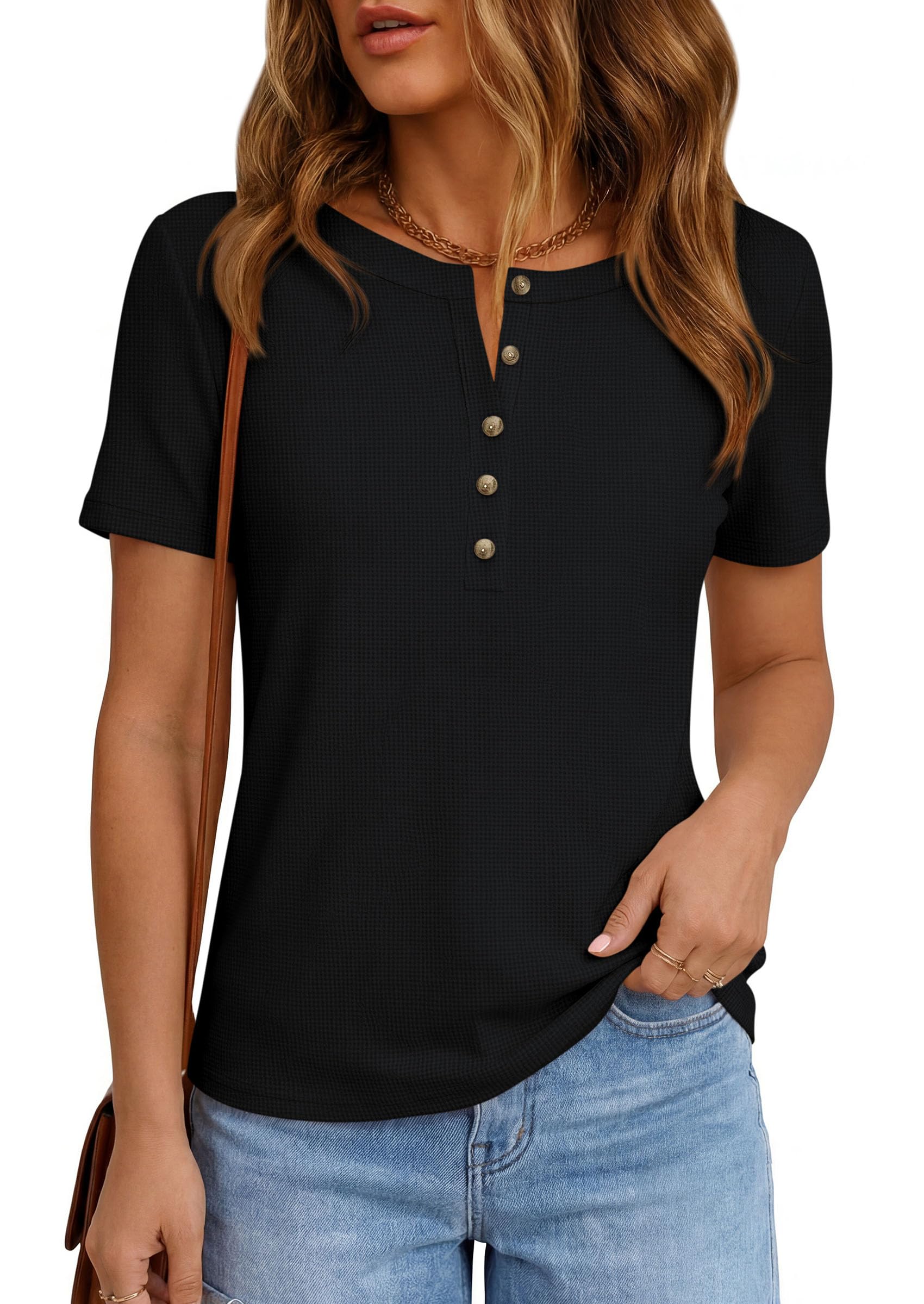 PRETTYGARDEN Waffle Knit Tops for Women Short Sleeve Henley Shirts  Summer Blouses Dressy Casual Spring Fashion Clothes