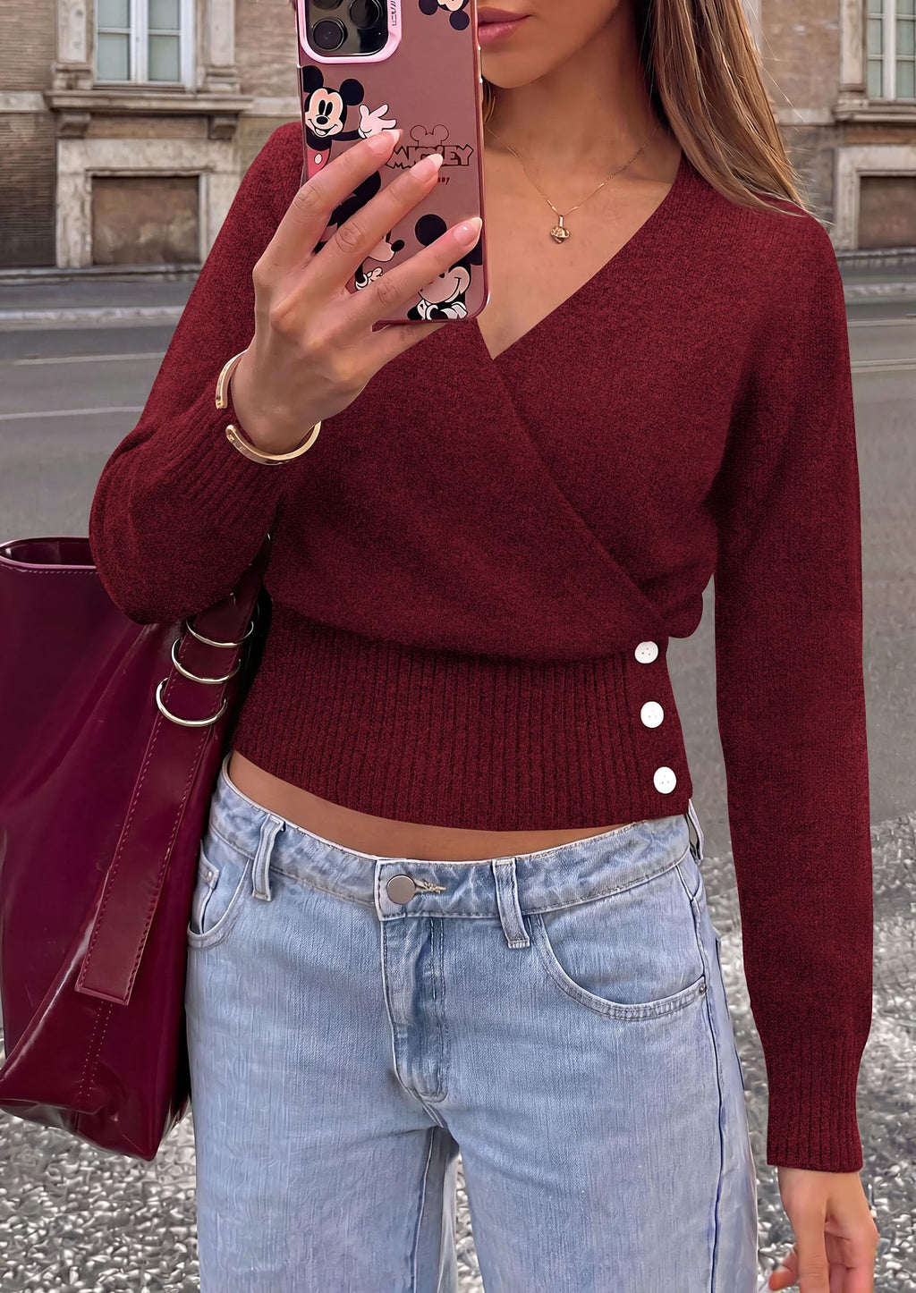 PRETTYGARDEN Women V Neck Wrap Sweater Cropped Tops，Fall Winter Fashion , Business Casual Outfits, Stretchy Soft knit, Wide Ribbed Hem with Side Buttons Pullover Sweaters