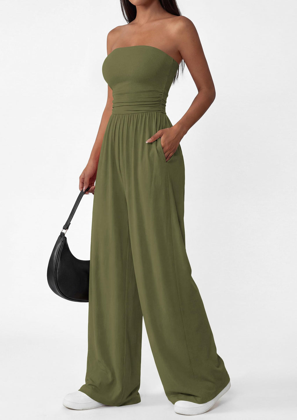 PRETTYGARDEN Womens Trendy Strapless Rompers Ruched Tube Top Wide Leg One Piece Jumpsuits Beach Vacation Summer Outfits