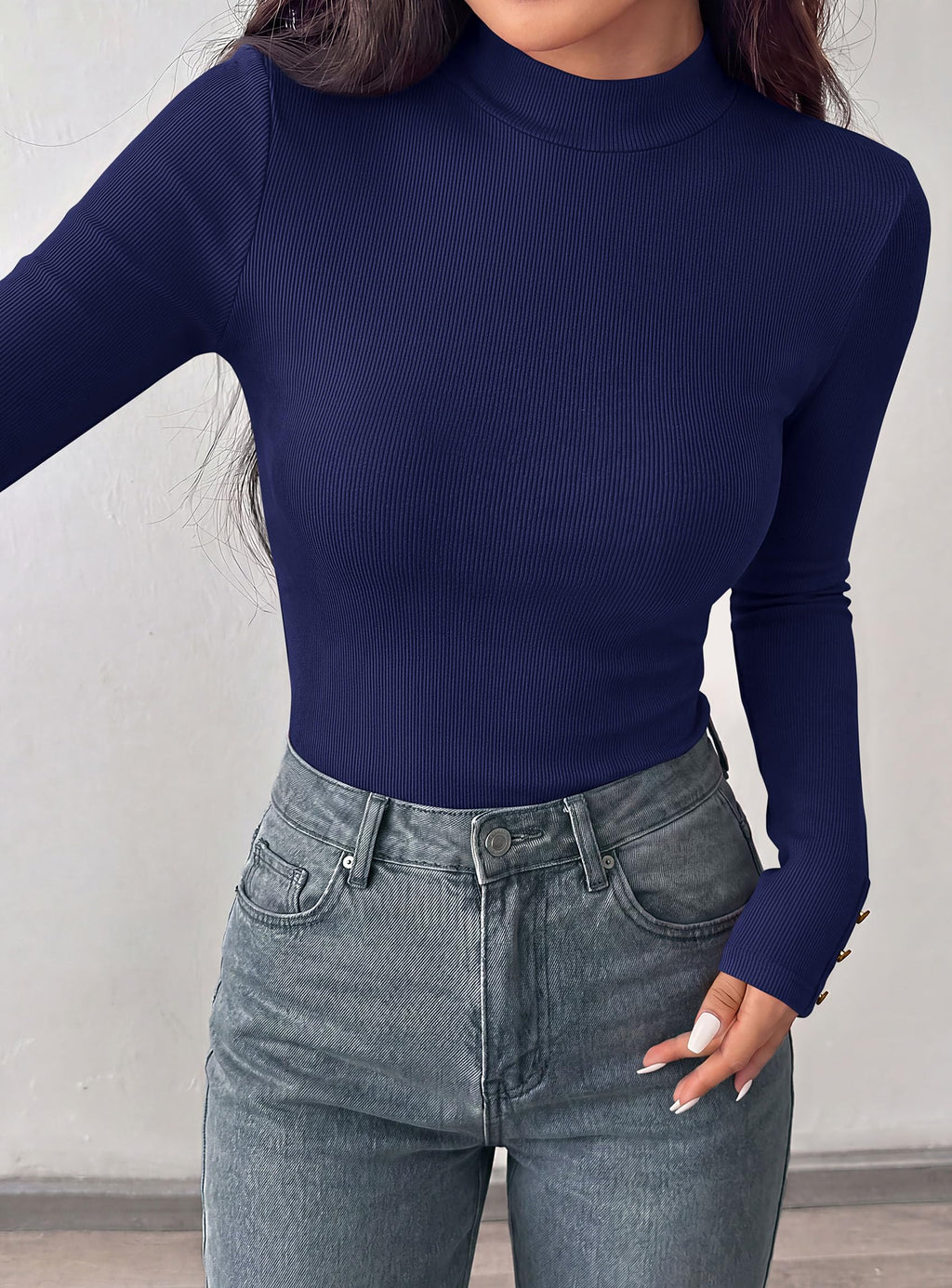 PRETTYGARDEN Women's Ribbed Mock Neck Long Sleeve Tops | Slim Fitted T-Shirts, Soft Stretch, Decorative Buttons, Going Out Work Casual Wear, Fall Outfits Layering Winter Clothes