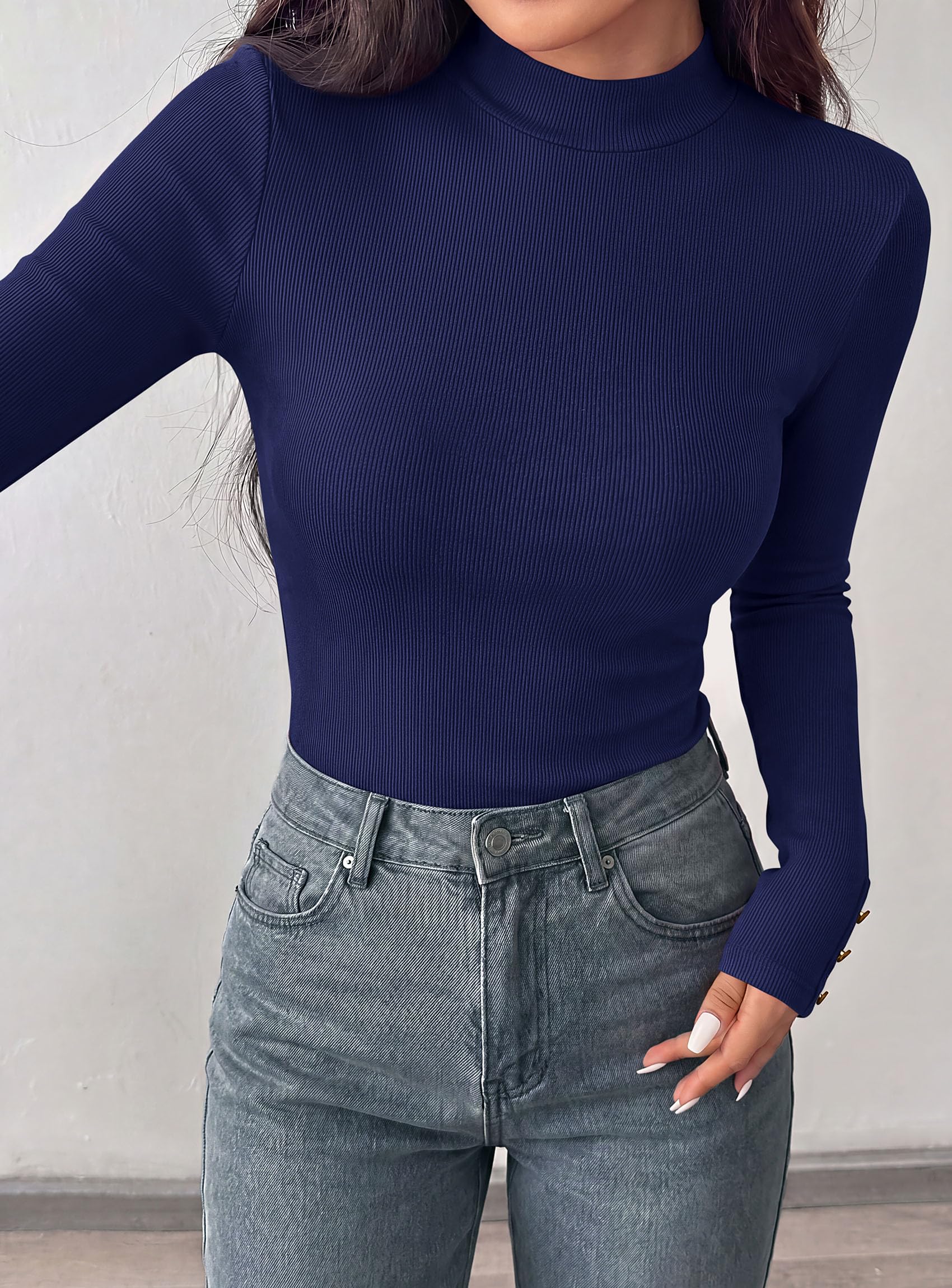 PRETTYGARDEN Women's Ribbed Mock Neck Long Sleeve Tops | Slim Fitted T-Shirts, Soft Stretch, Decorative Buttons, Going Out Work Casual Wear, Fall Outfits Layering Winter Clothes