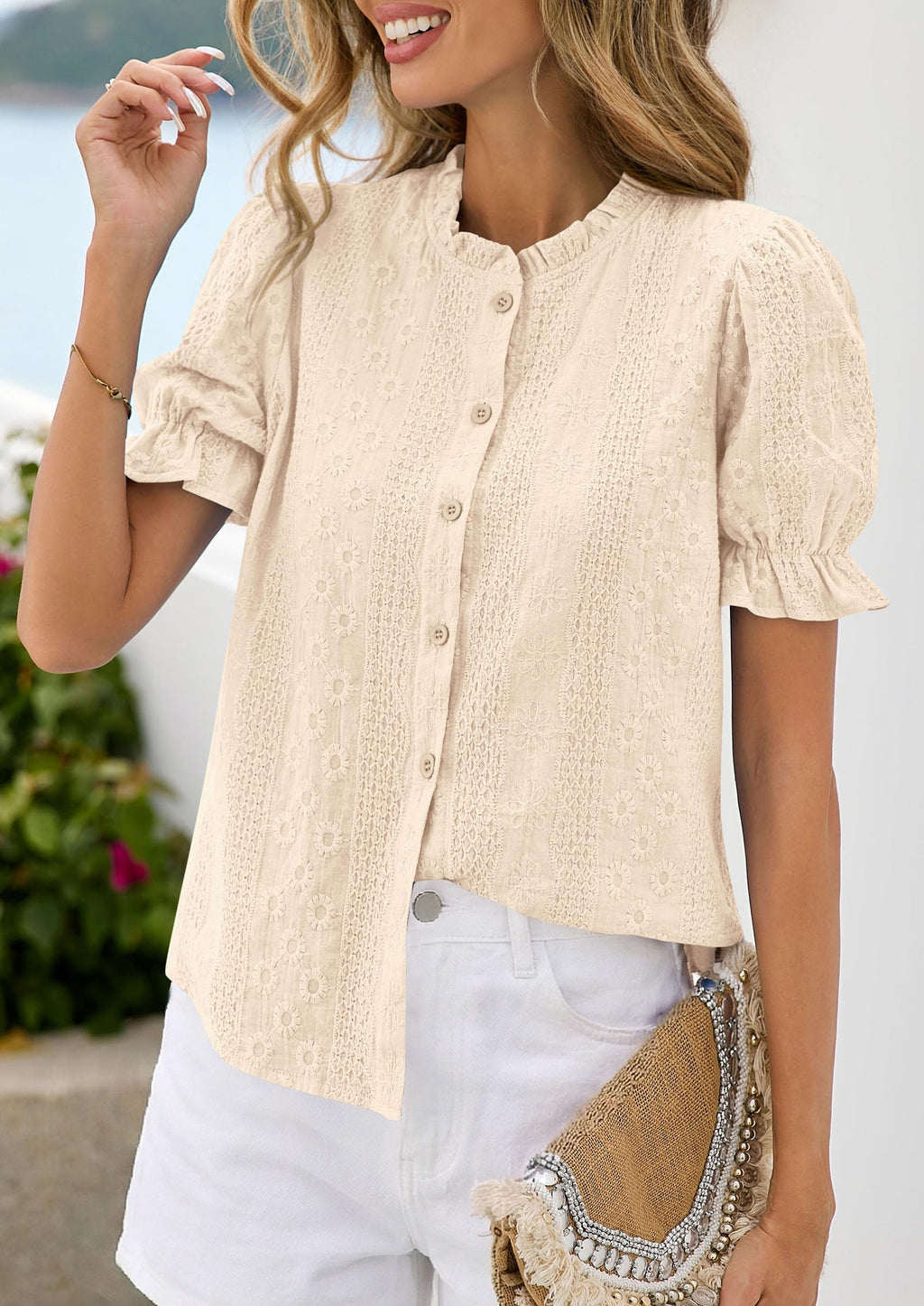 PRETTYGARDEN Womens Puff Short Sleeve Tops  Summer Spring Button Down Boho Embroidered Cute Blouse Dressy Casual Shirts