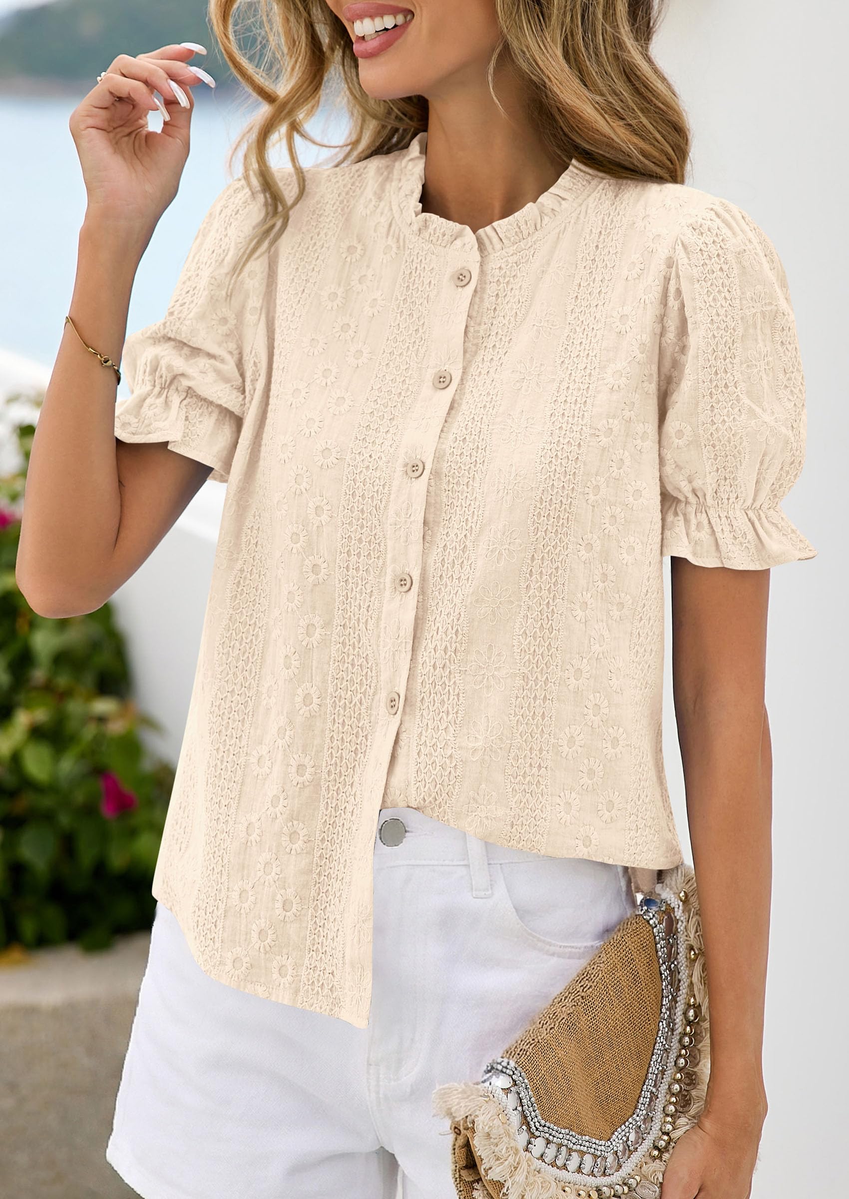 PRETTYGARDEN Womens Puff Short Sleeve Tops  Summer Spring Button Down Boho Embroidered Cute Blouse Dressy Casual Shirts