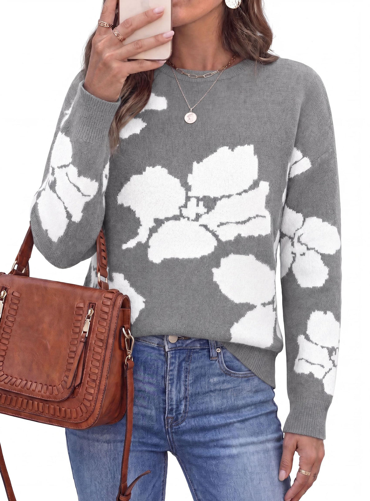 PRETTYGARDEN Womens Floral Sweater Crewneck Printed Pullover Tops,Soft Slouchy Knit Sweater,Casual Long Sleeve,Fall Fashion,Cute Winter Clothes,Work Office Travel Vacation Outfits