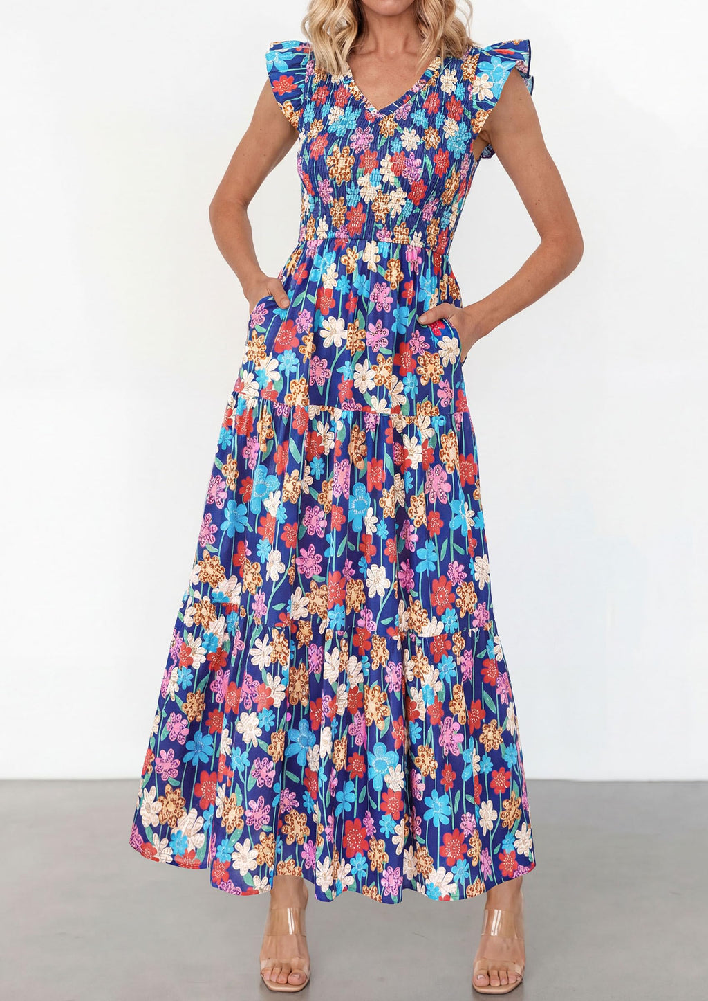 PRETTYGARDEN Women's Boho Floral Maxi Dress Summer Smocked V Neck Ruffle Sleeve Spring Flowy Beach Vacation Sundresses