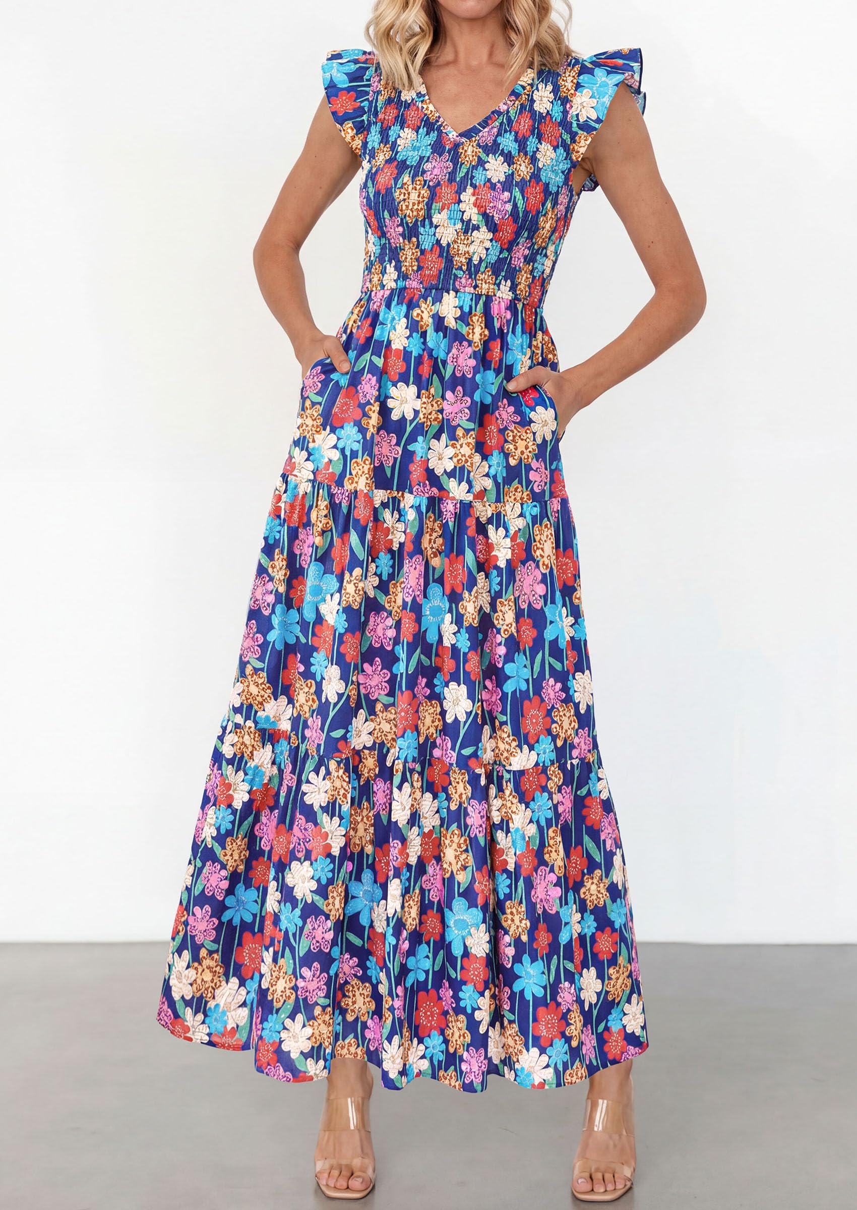 PRETTYGARDEN Women's Boho Floral Maxi Dress Summer Smocked V Neck Ruffle Sleeve Spring Flowy Beach Vacation Sundresses