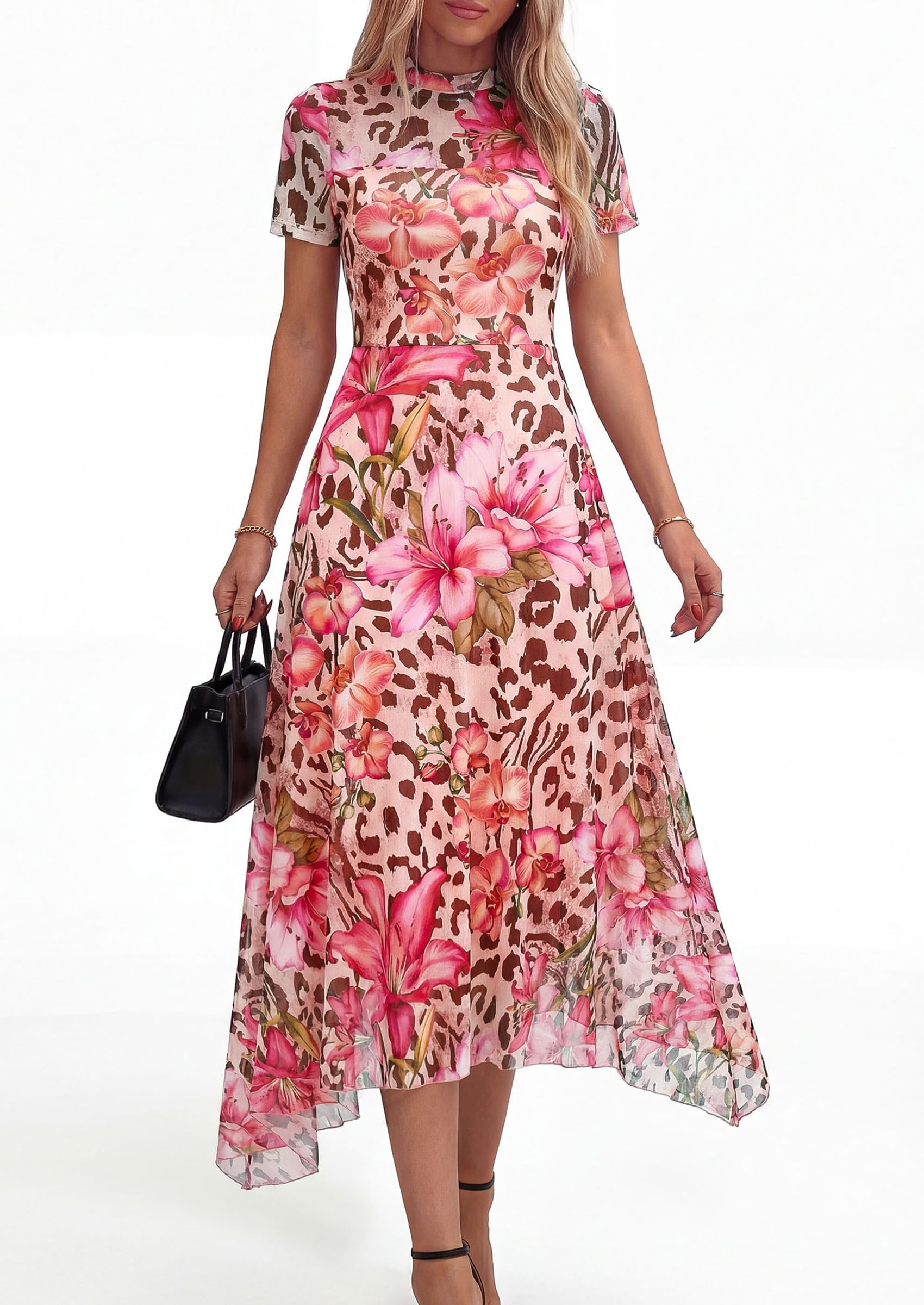 PRETTYGARDEN Cocktail Dresses for Women  Summer Short Sleeve Floral Mesh Sheer Midi Party Wedding Guest Dress