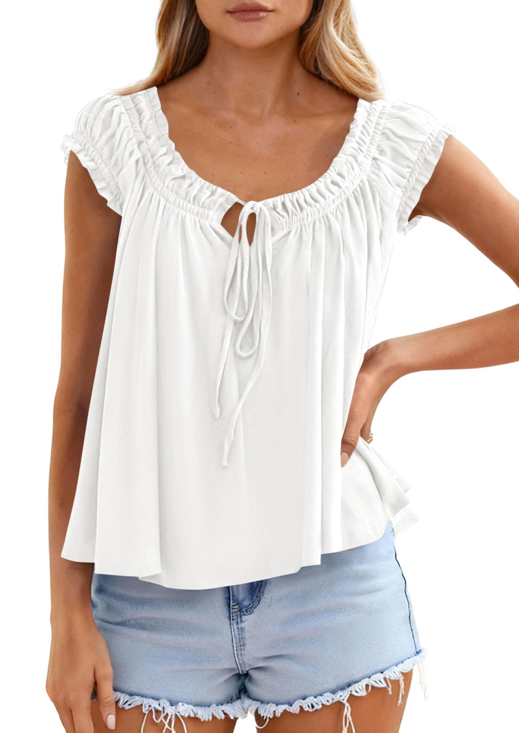 PRETTYGARDEN Women Babydoll Tops Summer Clothes Cap Sleeve Tie Front Flowy Tank Top Peplum Blouses Cute Going Out Shirts