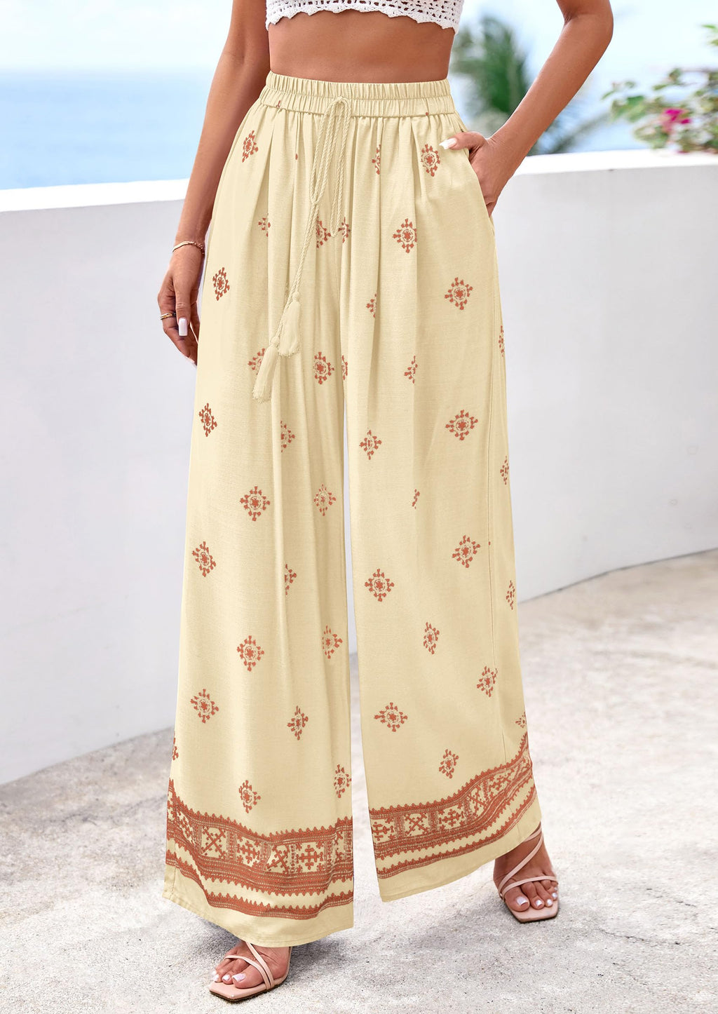 PRETTYGARDEN Women's Wide Leg Palazzo Pants Summer Boho Floral Trousers Spring Flowy Beach Vacation Clothes Resort Wear