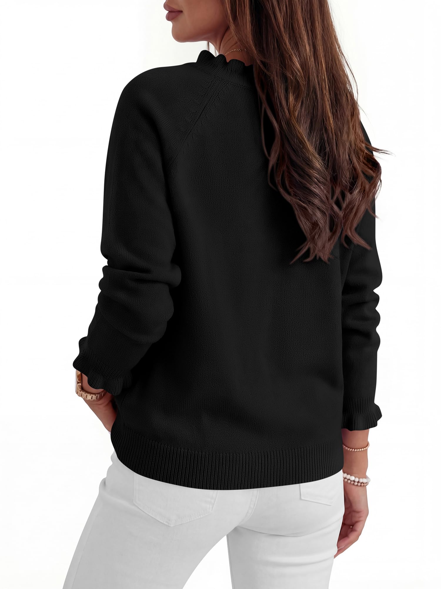 BTFBM Womens Sweaters Fall Winter Clothes Long Sleeve Button Down Ruffle Crew Neck Casual Knitted Pullover Tops