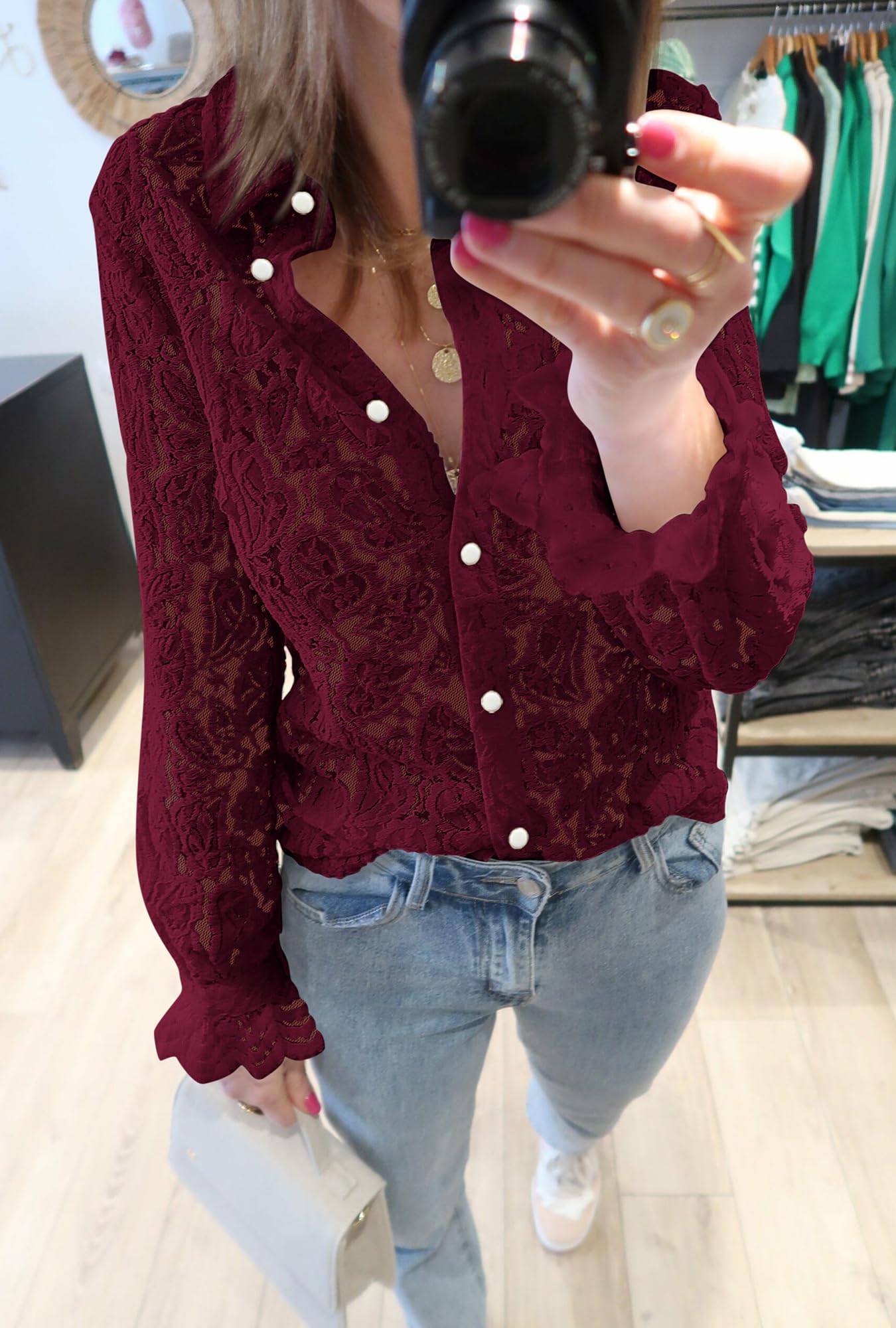 FreshPretty Long Sleeve Lace Blouses for Women Spring Dressy Casual Button Down Shirts Date Night Outfit Club Party Tops