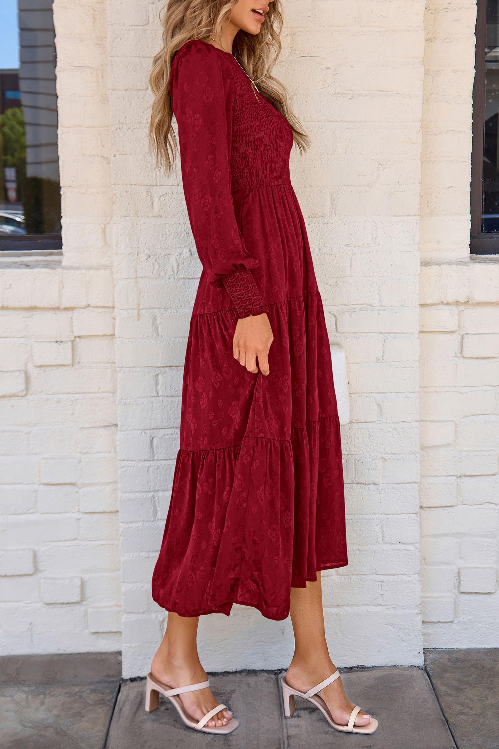 PRETTYGARDEN Women's Fall Spring Midi Dress Long Sleeve Floral Smocked Elegant Wedding Guest Long Flowy Dresses with Pockets