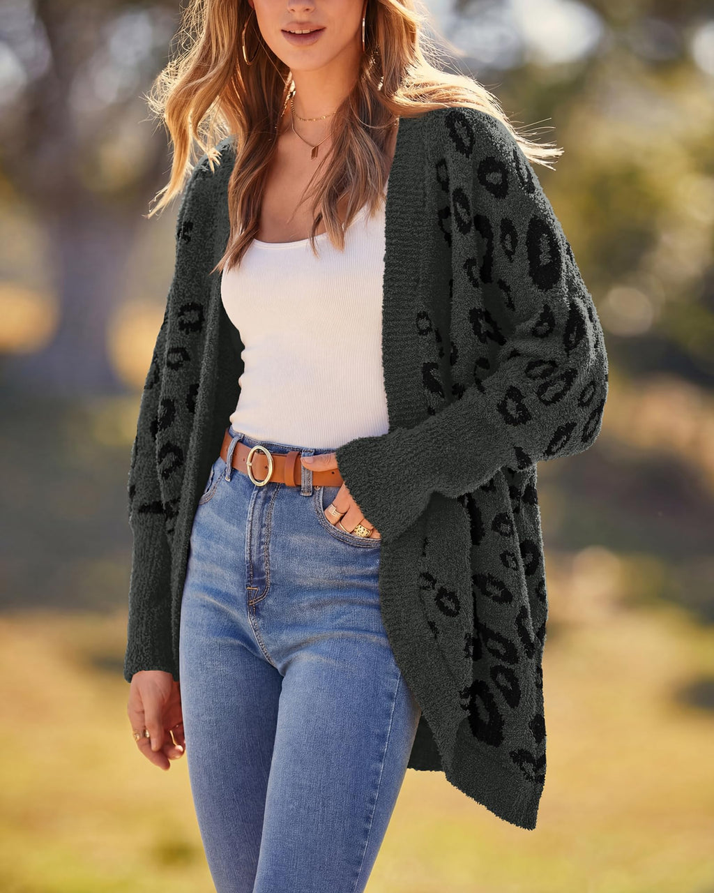 BTFBM Leopard Cardigan for Women Long Sleeve Open Front Cardigans Sweaters Pockets Loose Knit Fall Spring Outwear