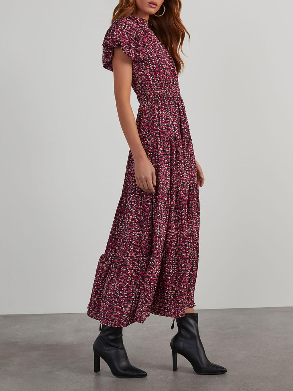 PRETTYGARDEN Summer Maxi Dresses for Women  Casual V Neck Puff Short Sleeve Smocked Flowy Beach Boho Long Floral Dress