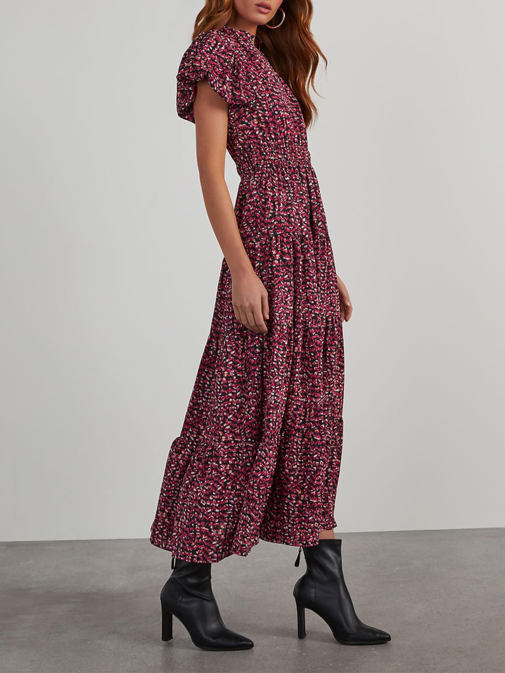 PRETTYGARDEN Summer Maxi Dresses for Women  Casual V Neck Puff Short Sleeve Smocked Flowy Beach Boho Long Floral Dress