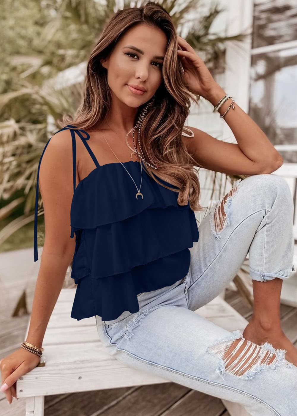 FreshPretty Spaghetti Strap Ruffle Babydoll Peplum Tank Tops for Women Summer Cute Flowy Beach Vacation Cruise Outfits