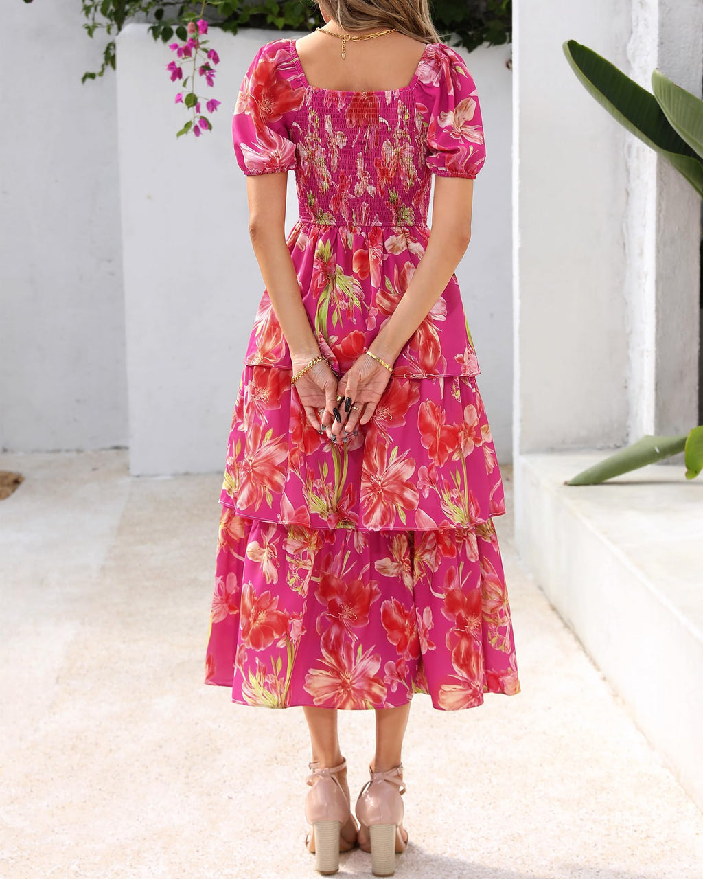 BTFBM Womens Square Neck Smocked Dress Summer Puff Short Sleeve Floral Casual Ruffle Tiered Maxi Wedding Guest Dresses