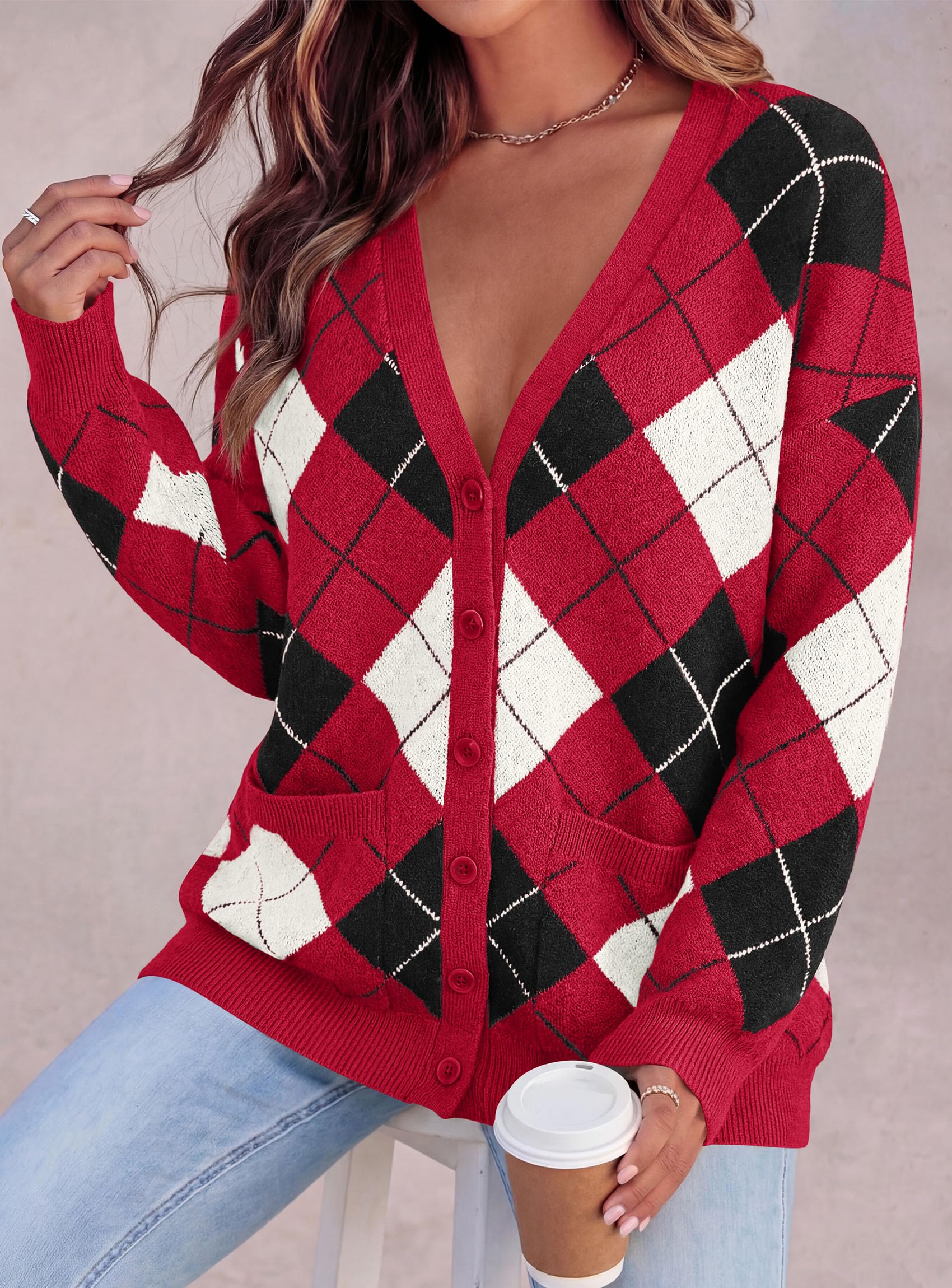 PRETTYGARDEN Women's Cardigan Argyle Winter Sweaters Cozy Warm Chunky Knit, Long Sleeve V Neck, Color Block Plaid, Button Up Pocket,Trendy Fall Jackets, Holiday Going Out Outfits