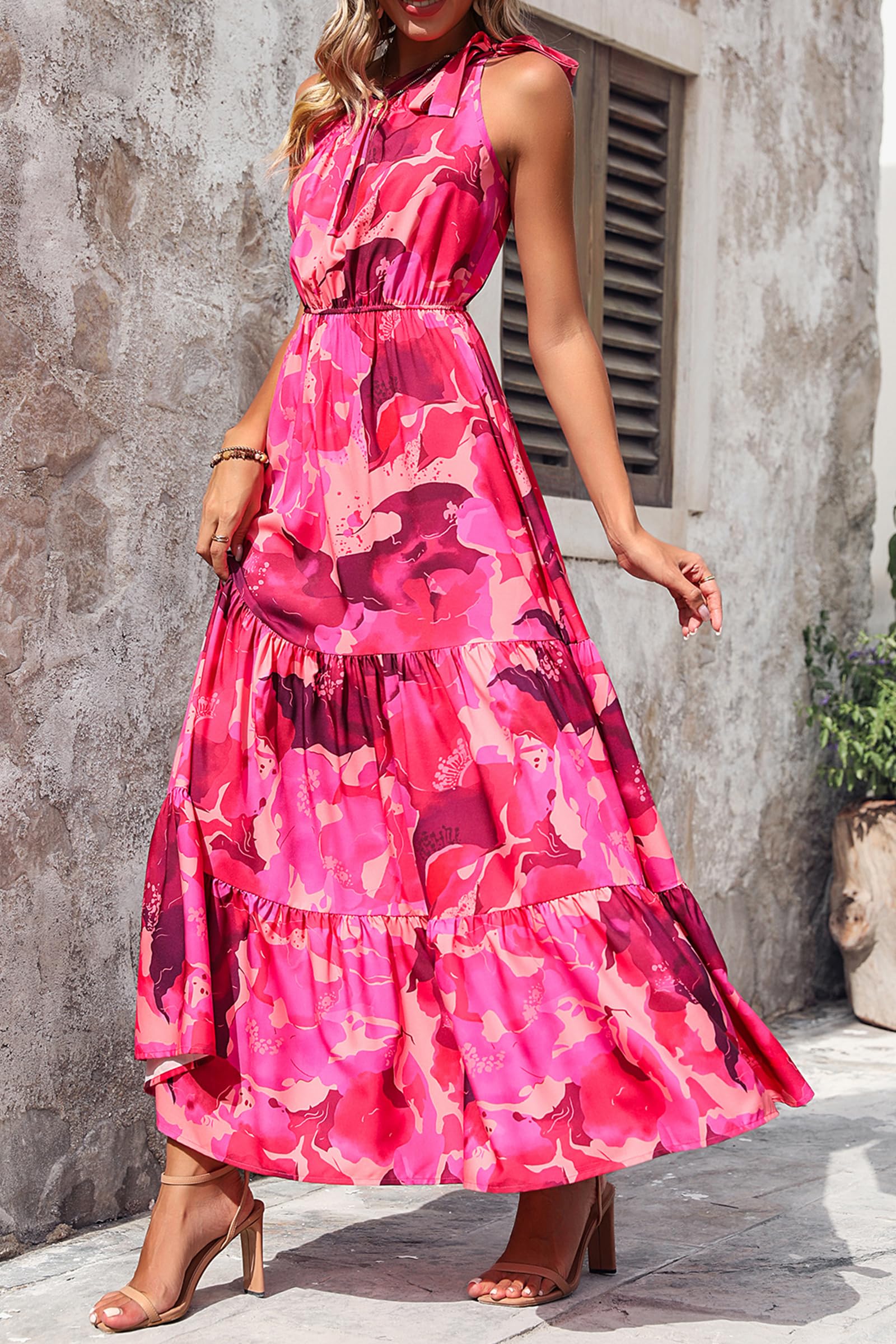 PRETTYGARDEN Women's Summer Floral One Shoulder Maxi Dress Knot Ruffle Boho Beach Vacation Wedding Guest Long Sun Dresses