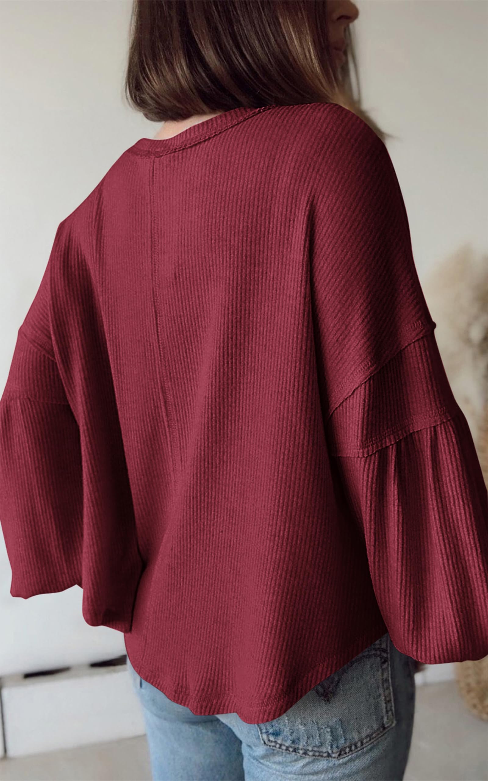 FreshPretty Womens Fall Fashion Long Sleeve Shirts Casual V Neck Ribbed Knit Blouses Pullover Trendy Loose Fit Tunic Tops