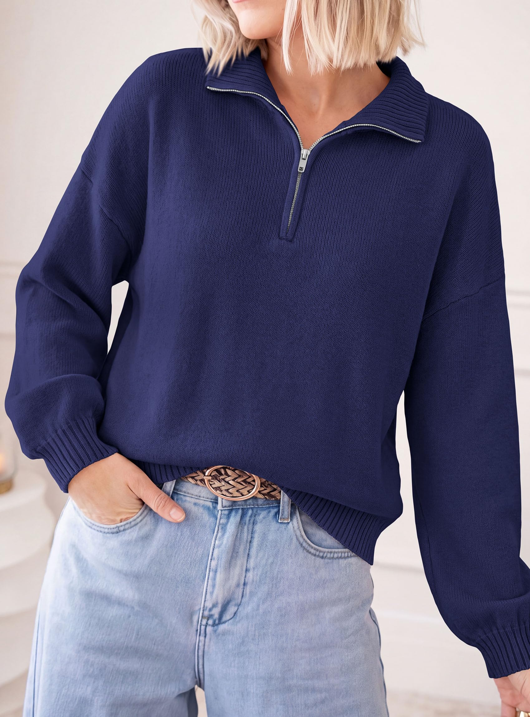 PRETTYGARDEN Women's Quarter Zip Pullover Oversized Sweaters Collared Neck, Long Balloon Sleeve, Jumper Tops, Soft Cozy Knit, Ribbed Hem, Loose Fit, Fall Outfits, Winter Fashion Clothing