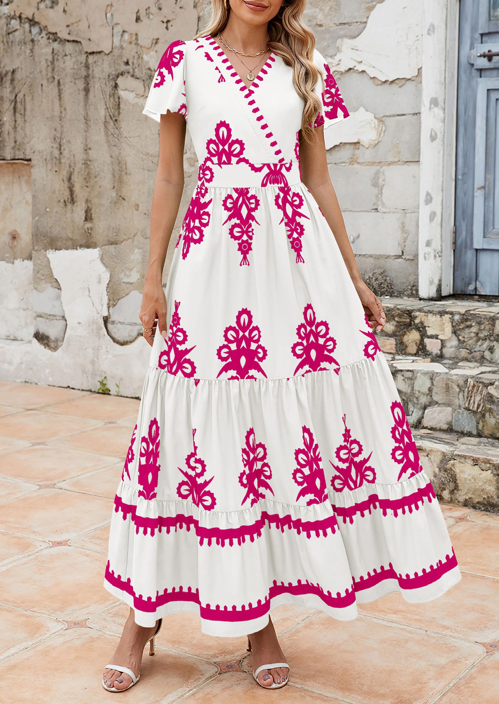 PRETTYGARDEN Womens Summer Casual V Neck Boho Maxi Dress Flowy Aline Bell Sleeve Tiered Floral Dresses with Pocket