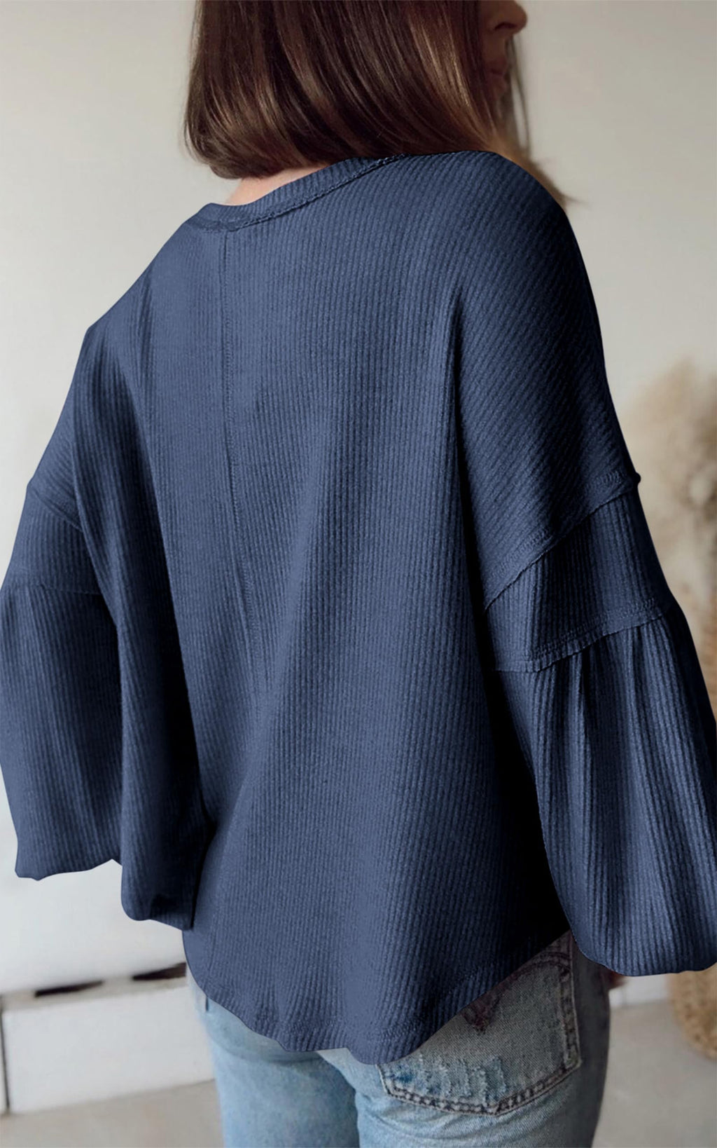 BTFBM Womens Fall Fashion Long Sleeve Shirts Casual V Neck Ribbed Knit Blouses Pullover Trendy Loose Fit Tunic Tops