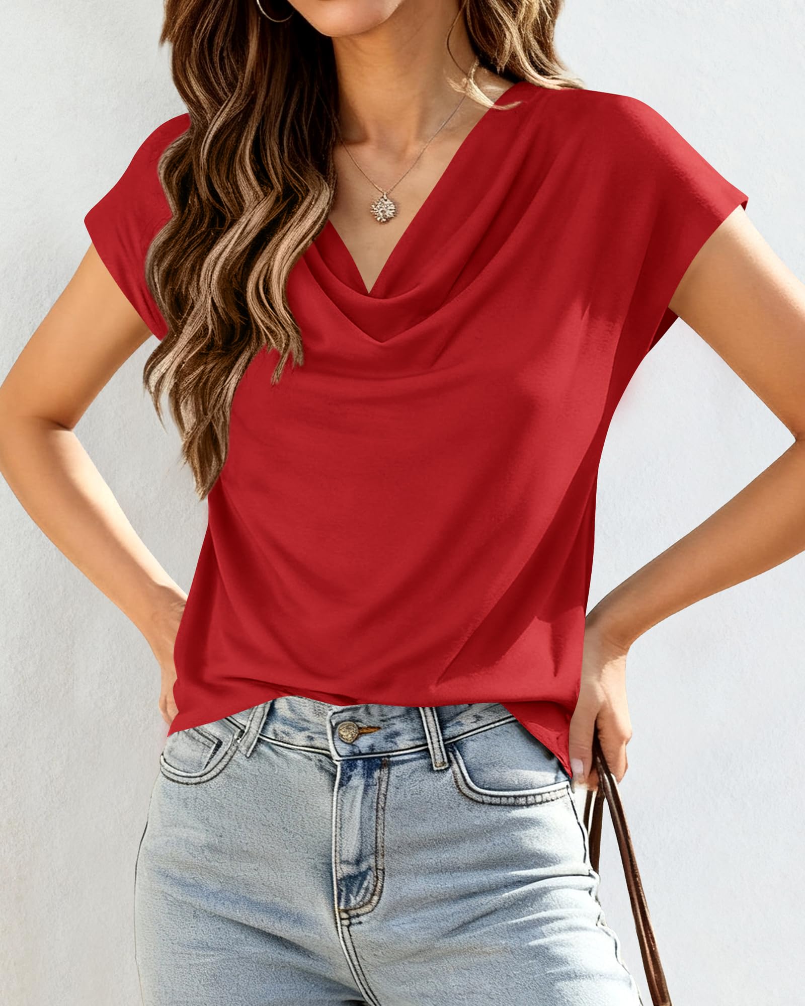 FreshPretty Blouses for Women Dressy Casual Spring Summer Tops Cowl Neck Short Sleeve Shirts Work Office Business Outfits