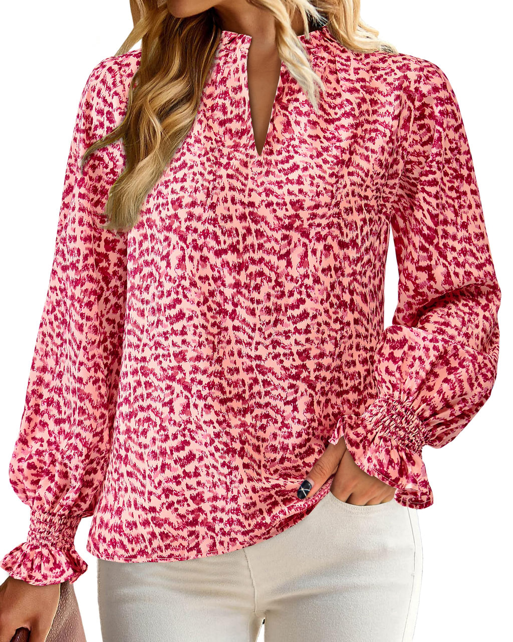 FreshPretty Womens V Neck Floral Long Sleeve Tops Summer Casual Loose Puff Sleeve Chiffon Boho Work Blouse Dressy T Shirts