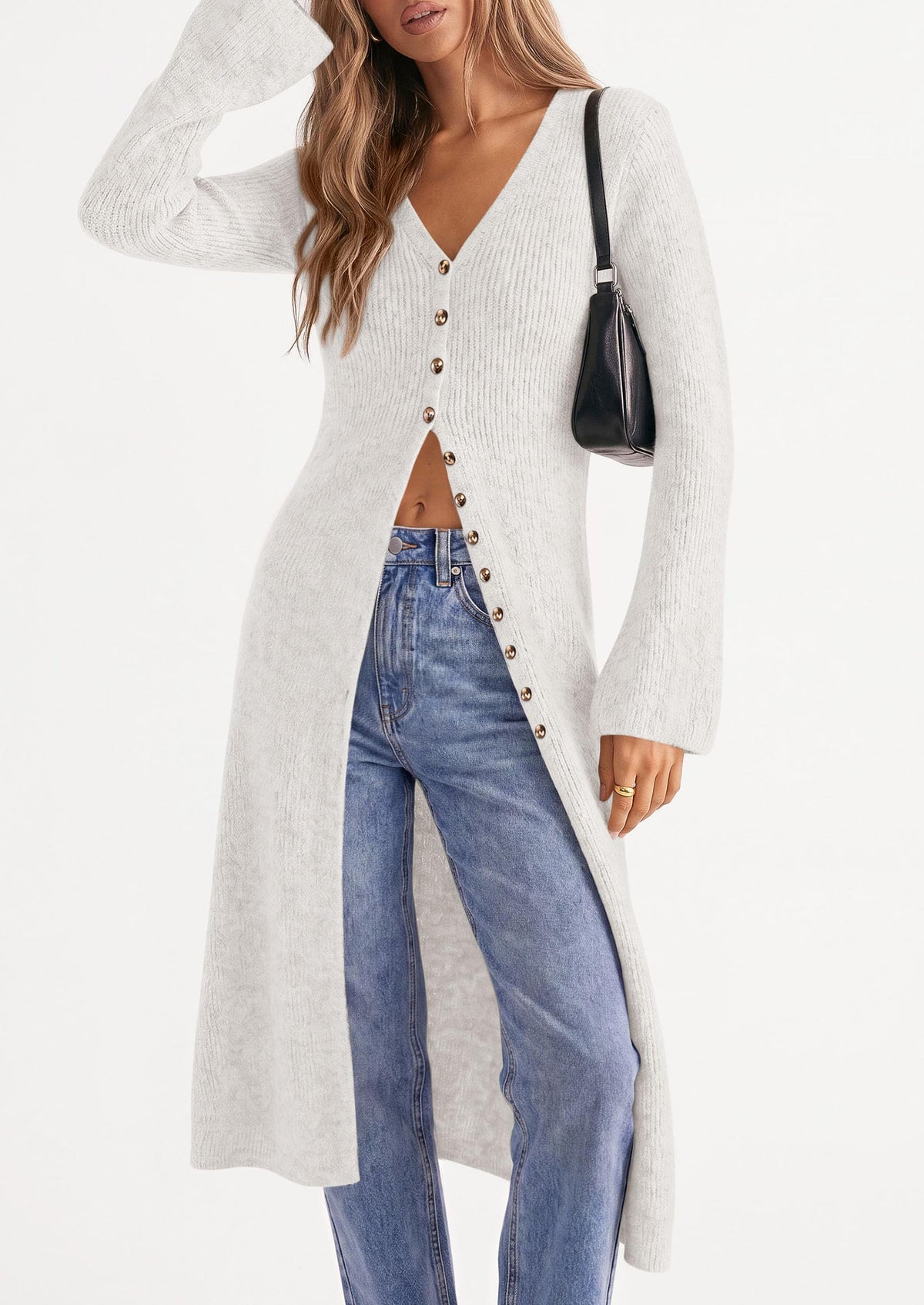 PRETTYGARDEN Women Long Cardigan Bell Sleeve Sweater Dress Early Fall Fashion, V Neck Button Down Coats, Fit and Flare, Duster Sweater, Acrylic Cotton Blend