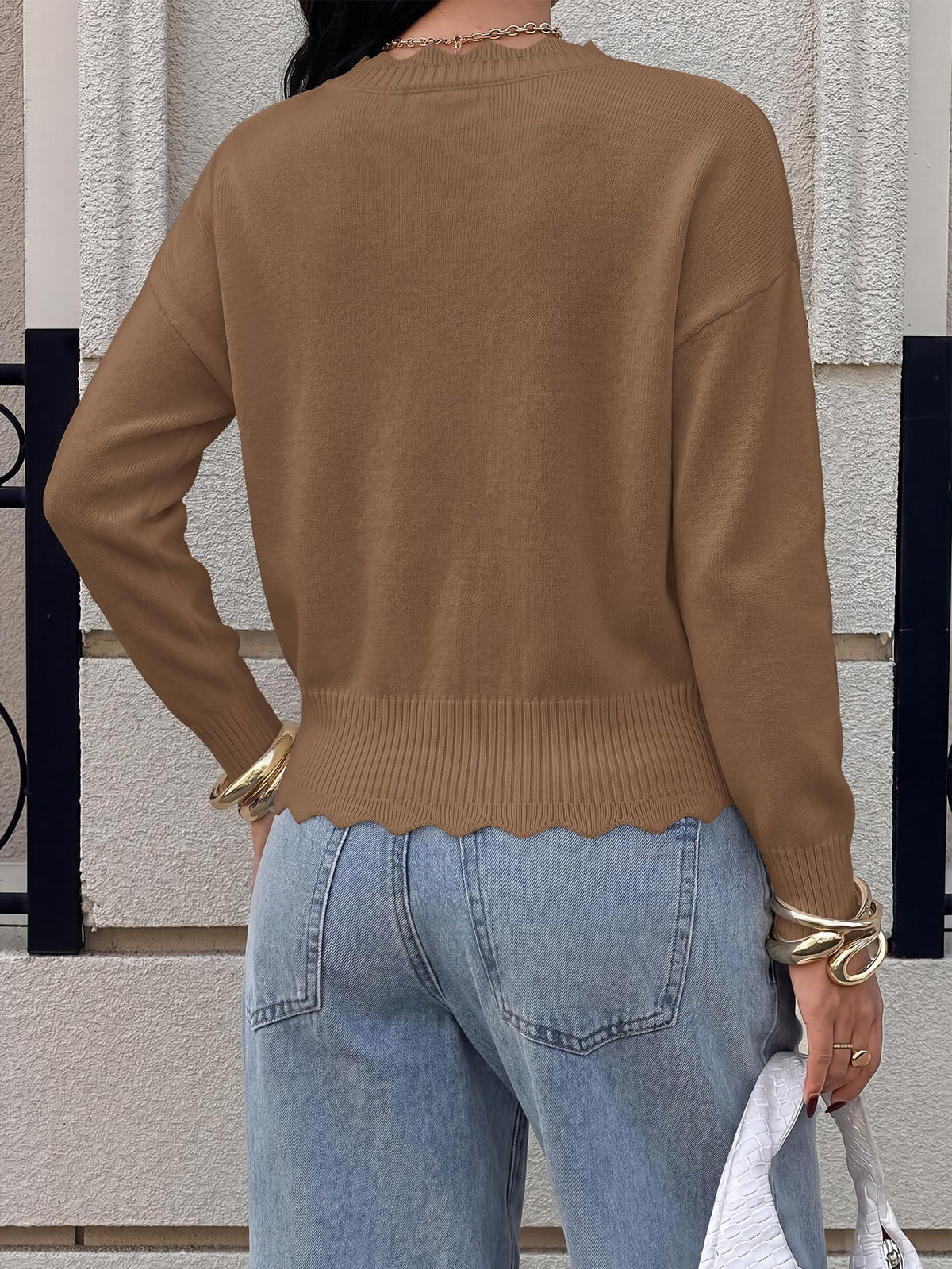 BTFBM Fall Long Sleeve Sweaters for Women | V Neck,Drop Shoulders,Scallop Edges,Lightweight Knit Sweaters Top,Daily Wear,Holiday,Christmas,Winter Clothing