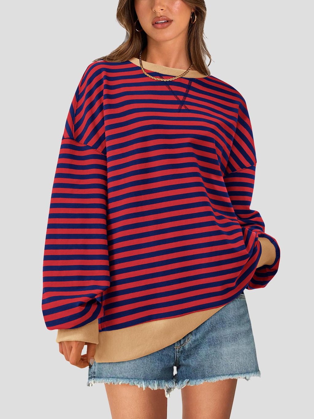 PRETTYGARDEN Womens Striped Oversized Sweatshirt Color Block Crew Neck Long Sleeve Casual Loose Pullover Top Y2K Clothes