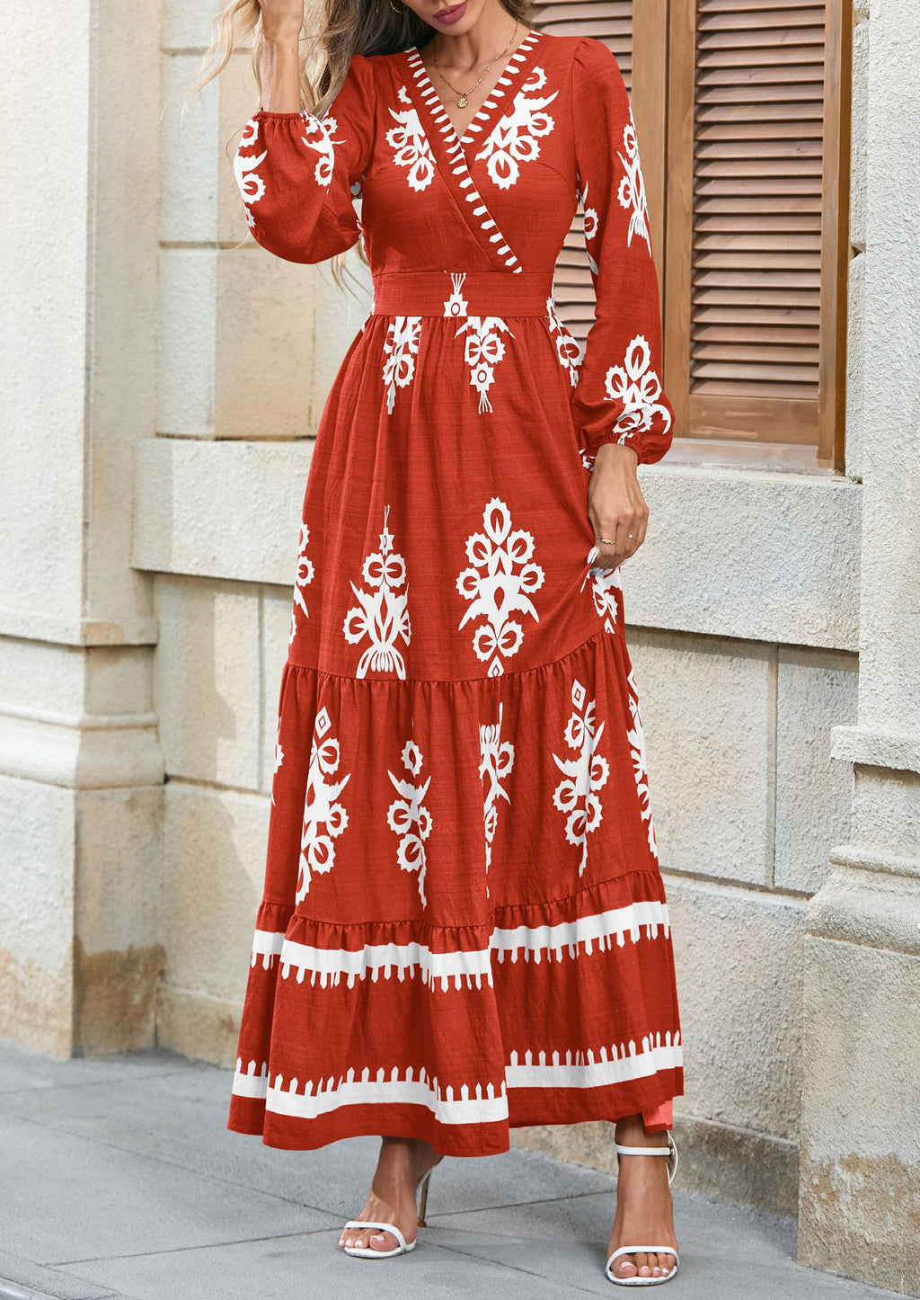PRETTYGARDEN Women's Fall Wedding Guest Dresses Boho Floral Long Sleeve V Neck Flowy Elegant Maxi Dress Beach Clothes