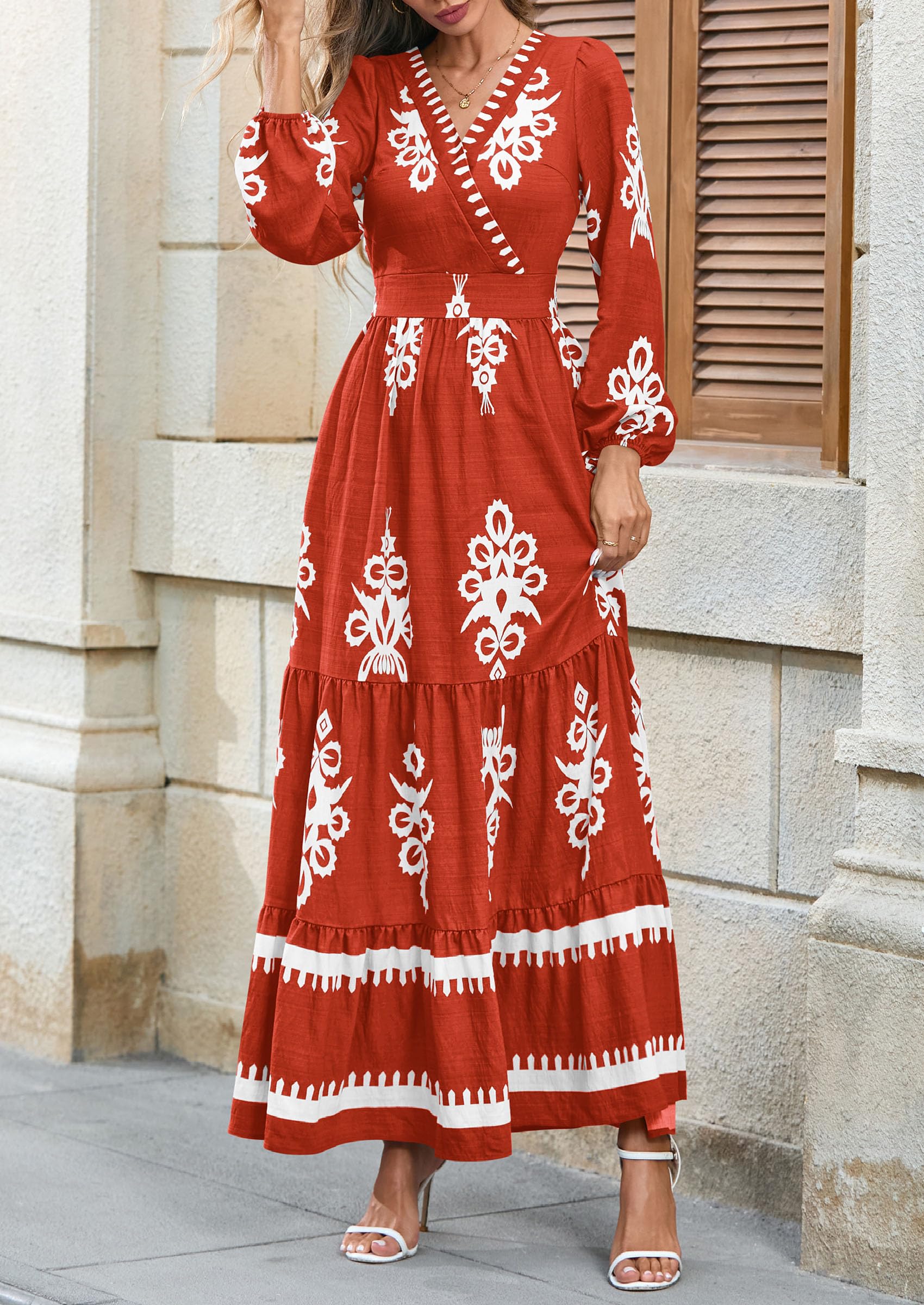 PRETTYGARDEN Women's Fall Wedding Guest Dresses Boho Floral Long Sleeve V Neck Flowy Elegant Maxi Dress Beach Clothes