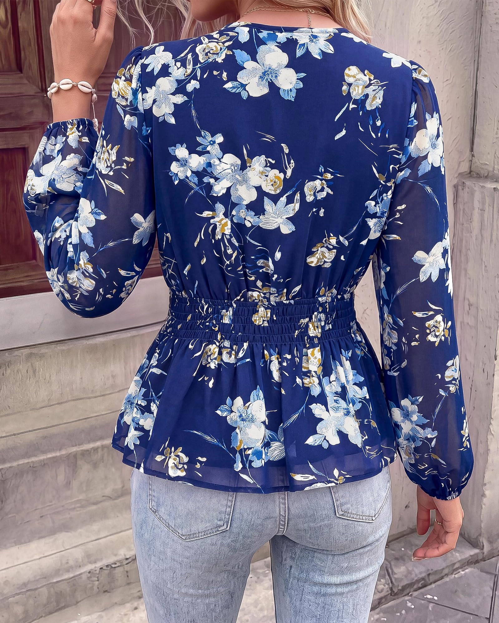 BTFBM Womens Tops Dressy Casual Floral V Neck Long Sleeve Chiffon Shirts | Chiffon Lantern Sleeve Flowy Peplum Sheer Top,Elastic Waist Babydoll Blouses,Boho Vacation Outfits,Fall Fashion Clothing