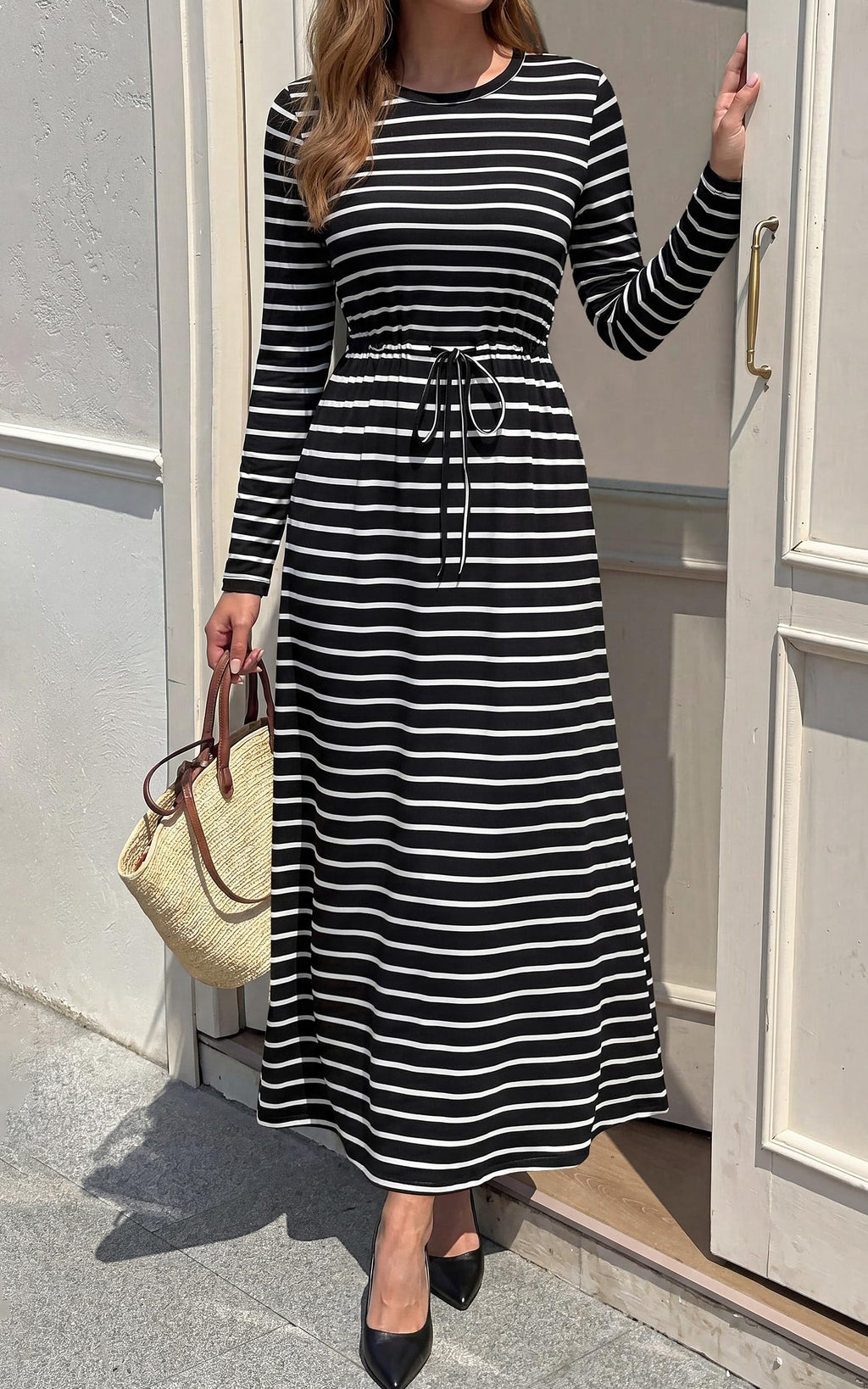 FreshPretty Long Sleeve Maxi Dresses for Women Fall Casual Loose Striped Dress|Cotton T Shirt Dress, Loose Fit Dress with Pocket, Business Casual Work Teacher, Fall Outfits