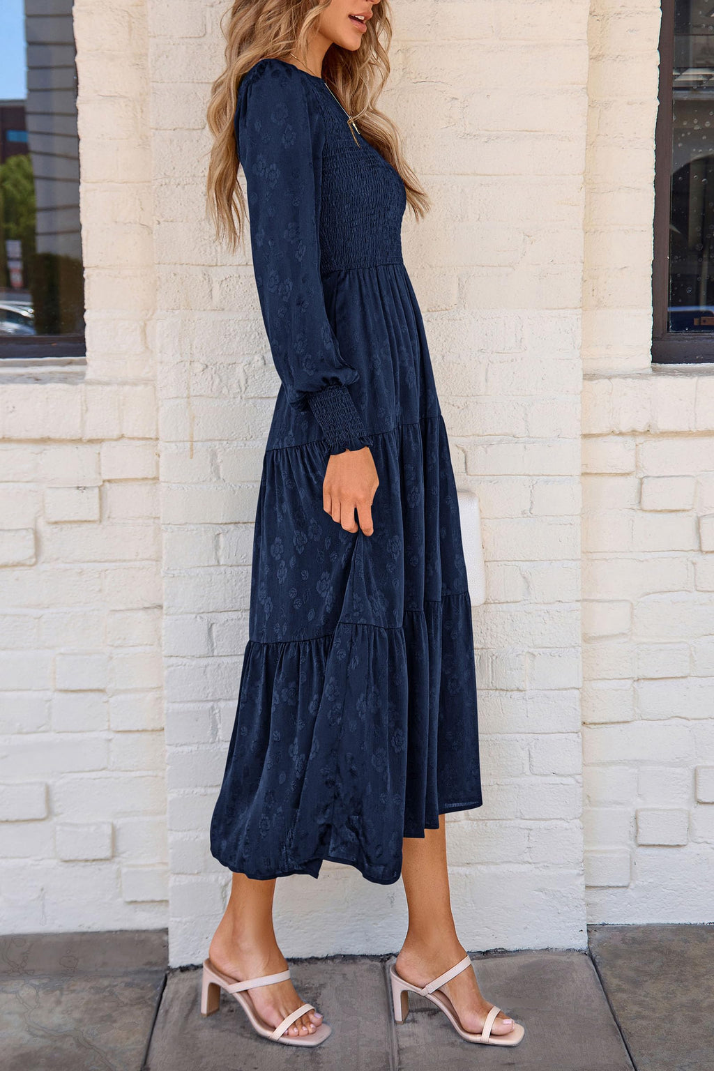 PRETTYGARDEN Women's Fall Spring Midi Dress Long Sleeve Floral Smocked Elegant Wedding Guest Long Flowy Dresses with Pockets