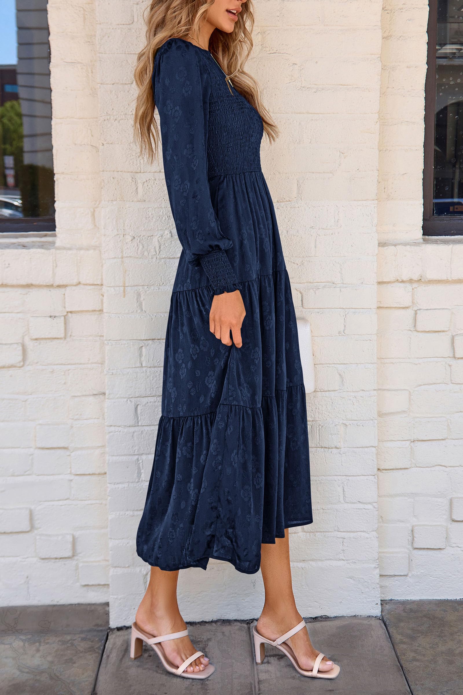 PRETTYGARDEN Women's Fall Spring Midi Dress Long Sleeve Floral Smocked Elegant Wedding Guest Long Flowy Dresses with Pockets