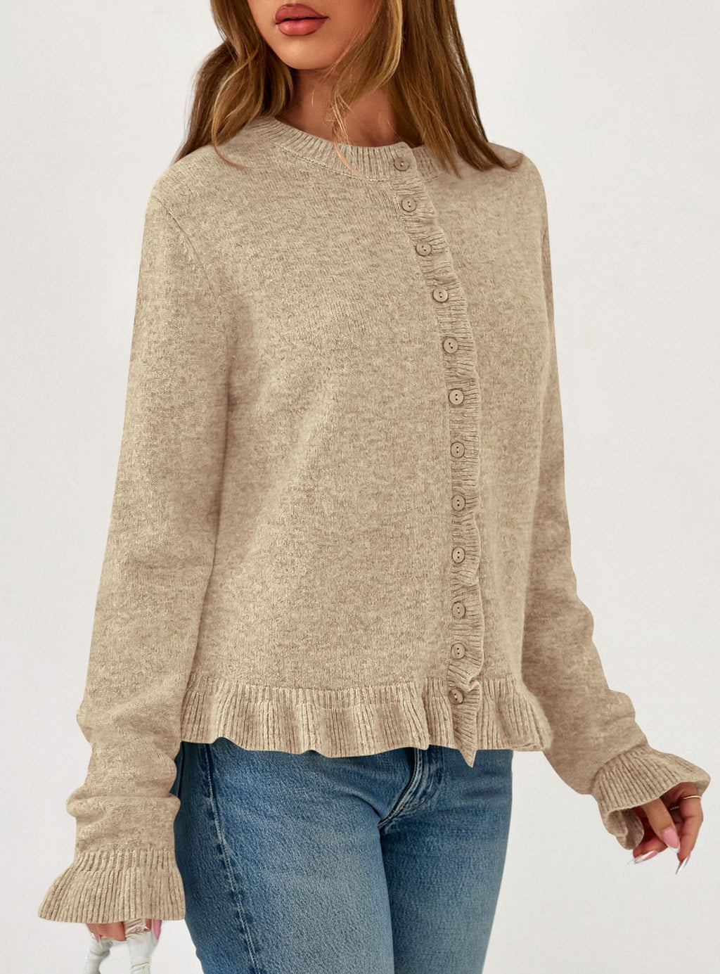 PRETTYGARDEN Womens Fall Button Down Cardigans Chunky Knit Ruffle Open Front Cropped Cardigan Sweaters Soft Long Sleeve Tops