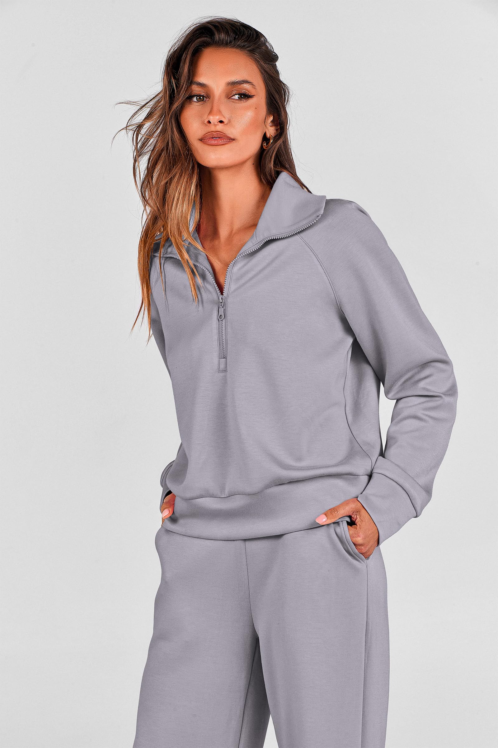 PRETTYGARDEN Women's 2 Piece Outfits Casual Lapel Half Zip Sweatshirts and Wide Leg Pants Tracksuit Sets