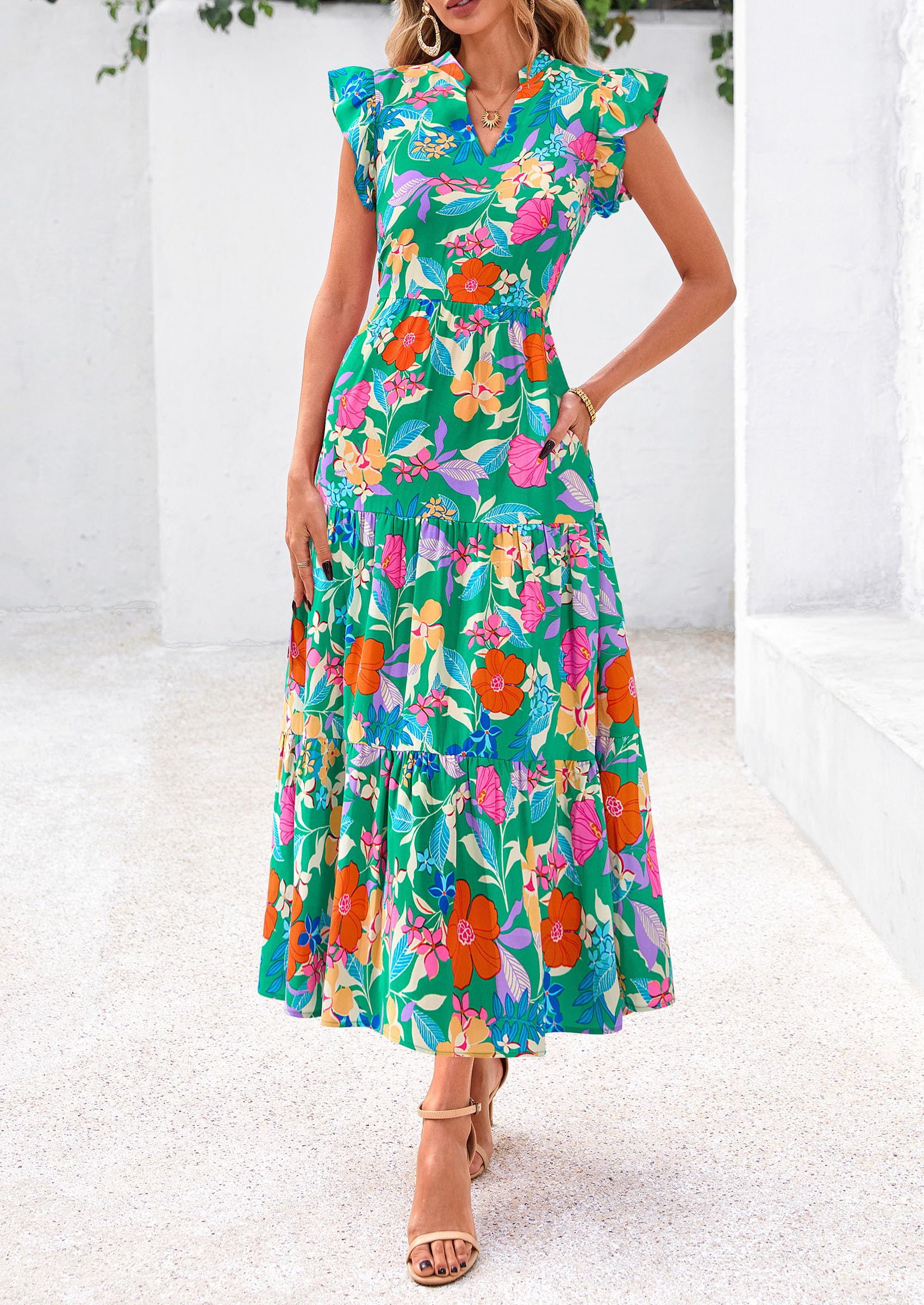 Visit the PRETTYGARDEN Store PRETTYGARDEN Women's Summer Floral Midi Dress Cap Sleeve V Neck Ruffle Long Flowy Boho Casual Beach Vacation Dresses