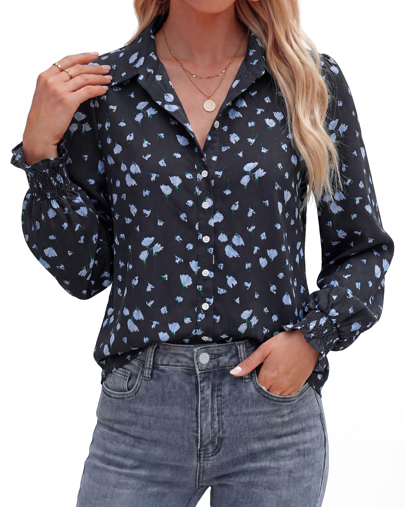 BTFBM Long Sleeve Blouses for Women, Floral V Neck Button Down Shirts, Smocked Cuffs, Business Casual Summer Outfits