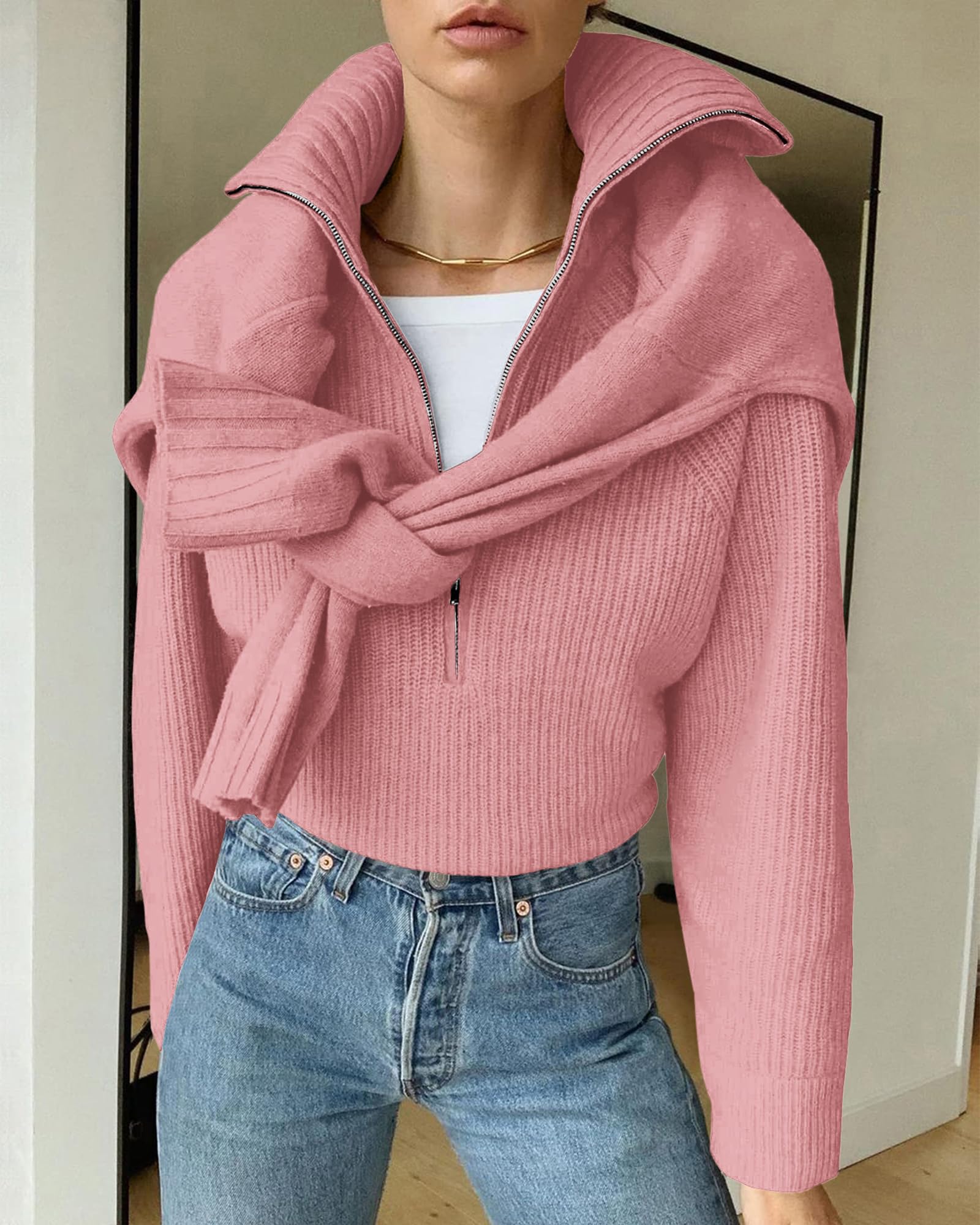 BTFBM Womens Sweaters Quarter Zip Pullover V Neck Collar Long Sleeve Ribbed Knit Loose Casual Winter Fall Sweater