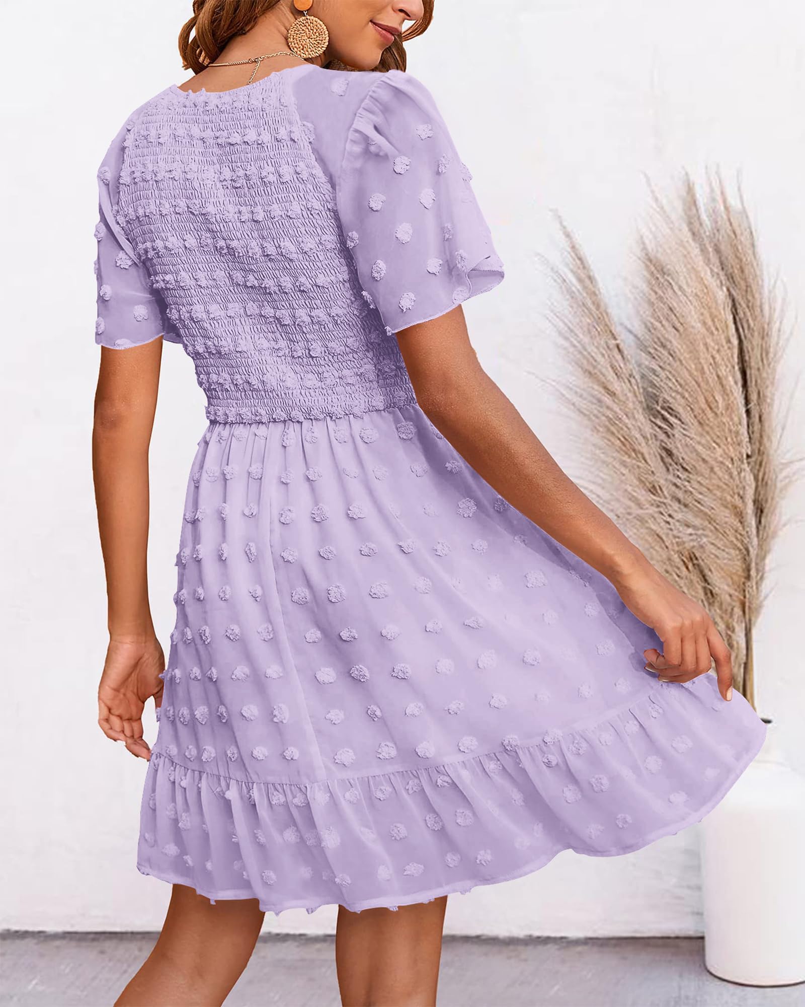 FreshPretty Womens Beach Vacation Dress Summer V Neck Short Sleeve Smocked Swiss Dot Cute Ruffle Casual Fall Mini Dresses