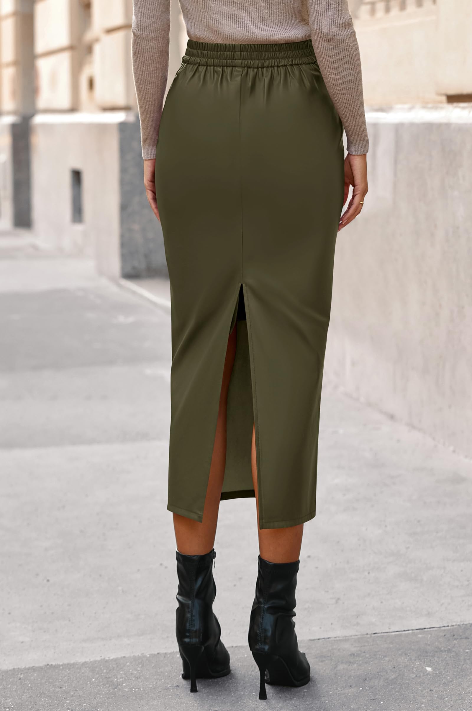 BTFBM Skirts for Women Trendy Spring Elastic Waist Ruched Bodycon Slit Pencil Midi Leather Skirt Bussiness Casual