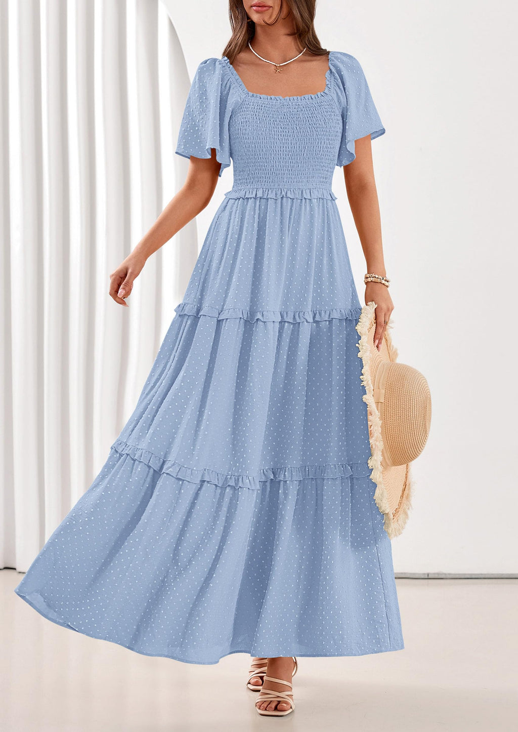 PRETTYGARDEN Summer Dresses for Women Boho Swiss Dot Smocked Square Neck Short Sleeve Spring Wedding Guest Maxi Dress