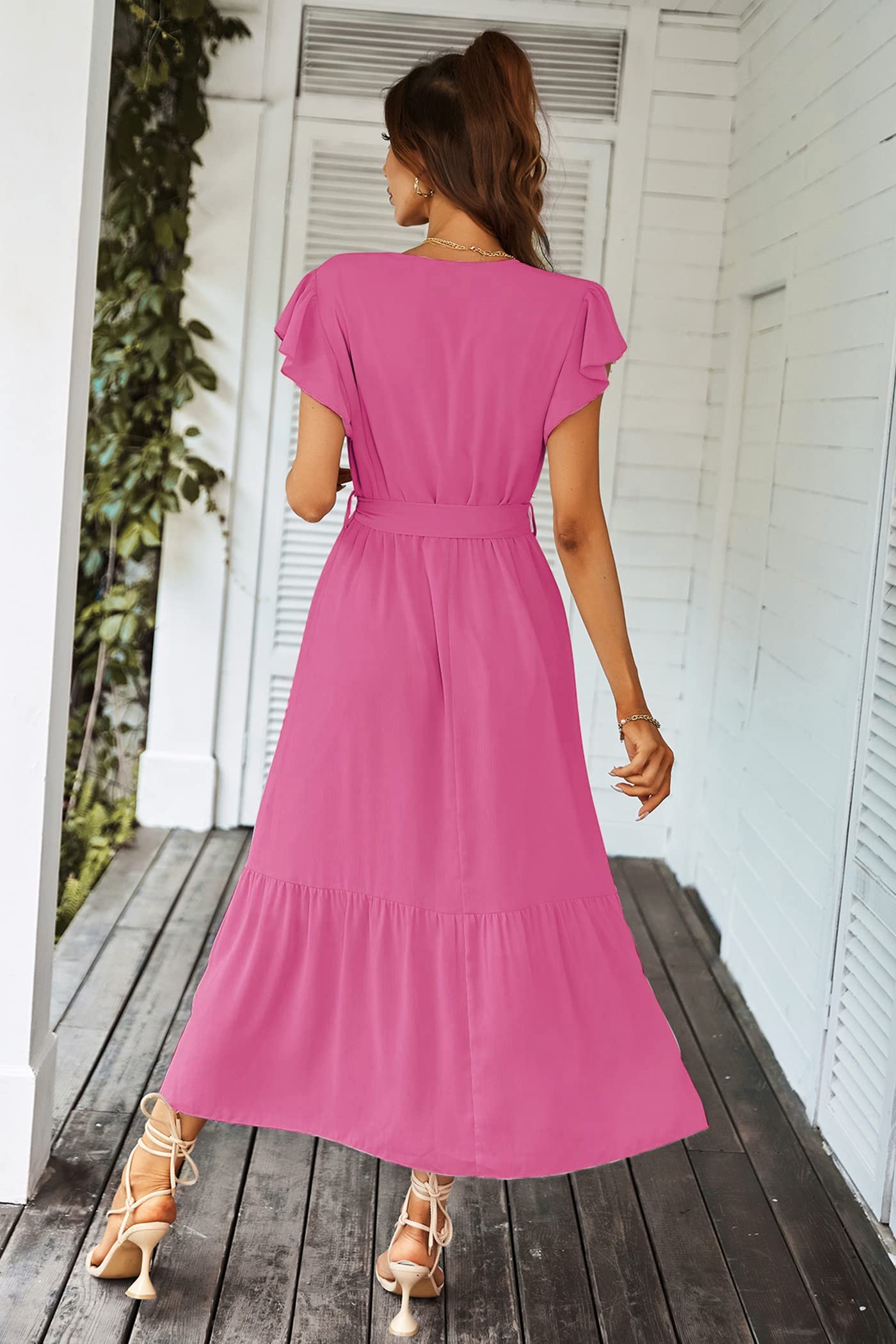 PRETTYGARDEN Women's Summer Floral Boho Maxi Dress Wrap Short Sleeve V Neck Ruffle A-Line Flowy Wedding Guest Long Dresses