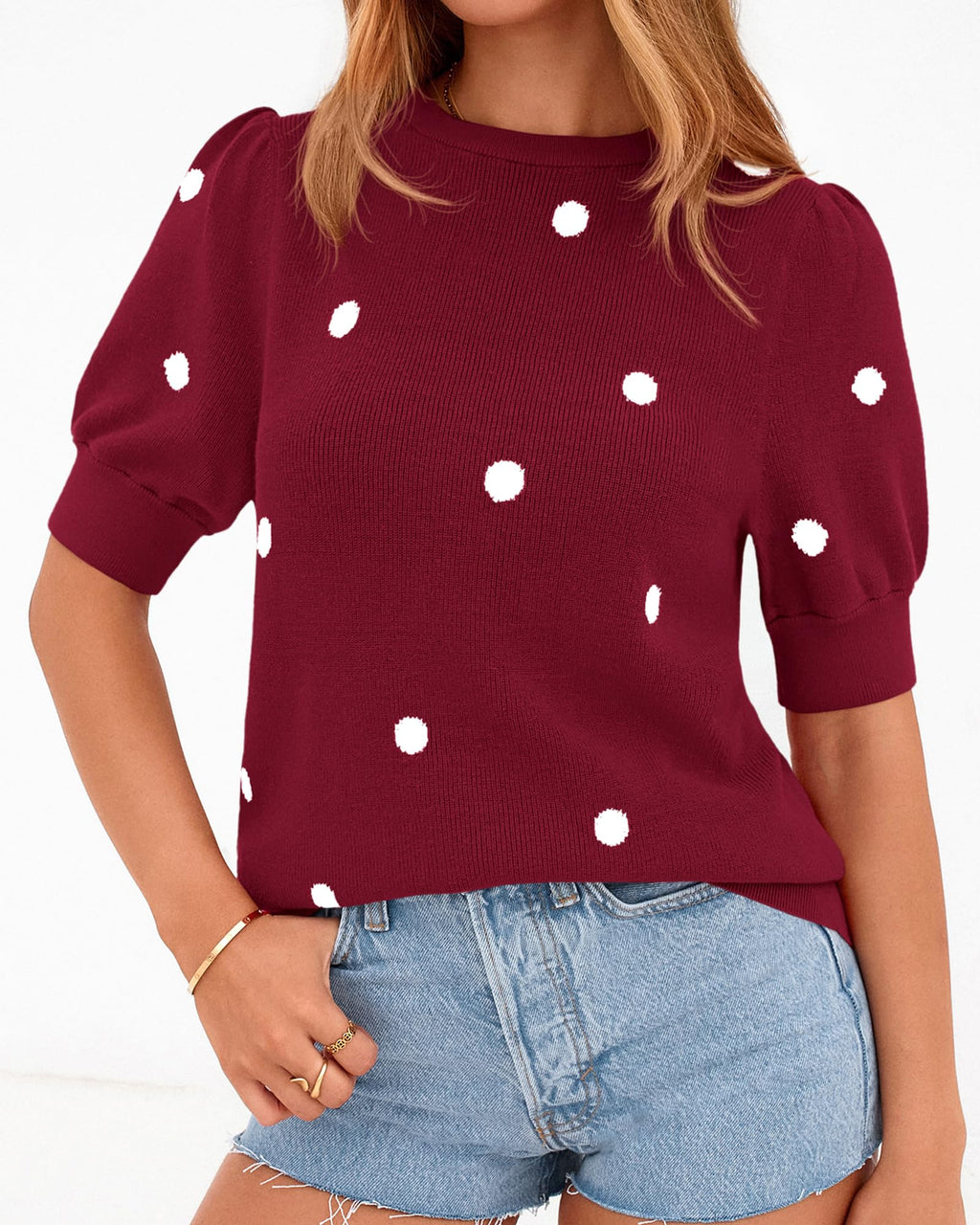 BTFBM Womens Sweaters Polka Dot Short Sleeve Sweater for Women Crew Neck Knit Summer Tops Business Dressy Casual Blouses